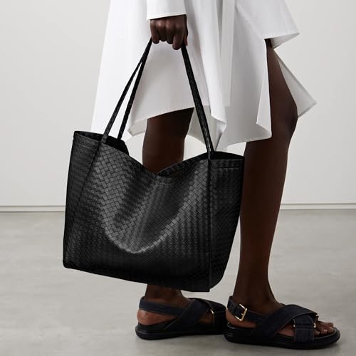 Large Woven Tote Bag for Women, Shoulder Bag Purse Black Tote Bag Soft Vegan Leather Hobo Handbag Beach Tote