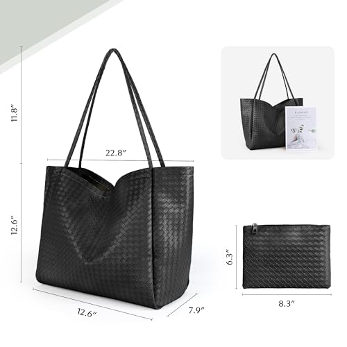 Large Woven Tote Bag for Women, Shoulder Bag Purse Black Tote Bag Soft Vegan Leather Hobo Handbag Beach Tote