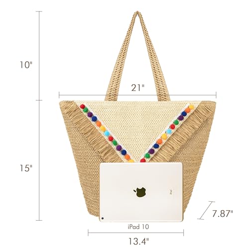 Beach Tote Bag for Women, Hand Woven Bags, Natural Fibre Boho Purse, Top Handle Hobo Handbag, Straw Summer Purses