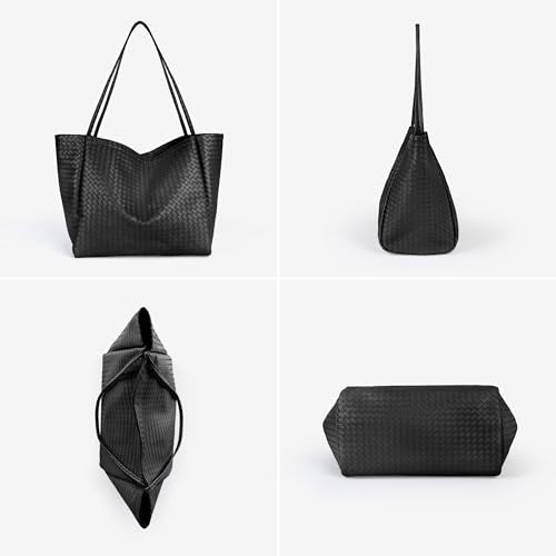 Large Woven Tote Bag for Women, Shoulder Bag Purse Black Tote Bag Soft Vegan Leather Hobo Handbag Beach Tote