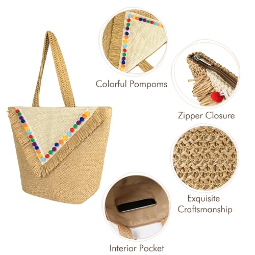 Beach Tote Bag for Women, Hand Woven Bags, Natural Fibre Boho Purse, Top Handle Hobo Handbag, Straw Summer Purses