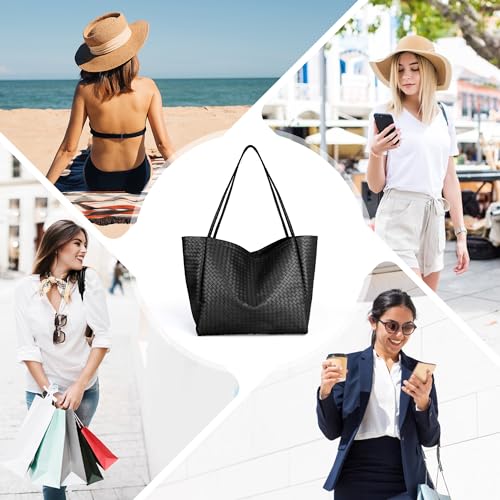 Large Woven Tote Bag for Women, Shoulder Bag Purse Black Tote Bag Soft Vegan Leather Hobo Handbag Beach Tote