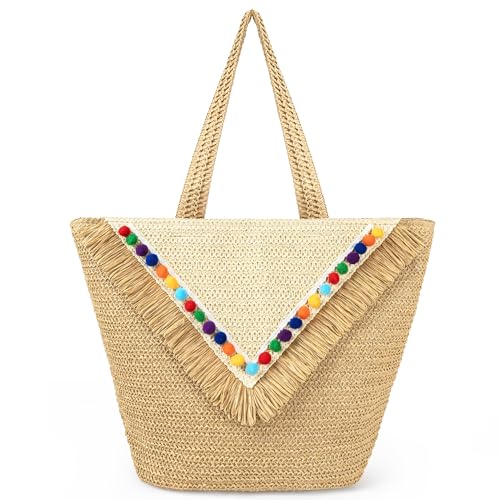 Beach Tote Bag for Women, Hand Woven Bags, Natural Fibre Boho Purse, Top Handle Hobo Handbag, Straw Summer Purses