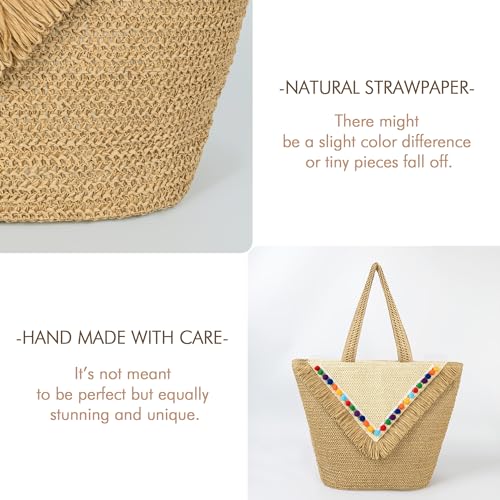 Beach Tote Bag for Women, Hand Woven Bags, Natural Fibre Boho Purse, Top Handle Hobo Handbag, Straw Summer Purses