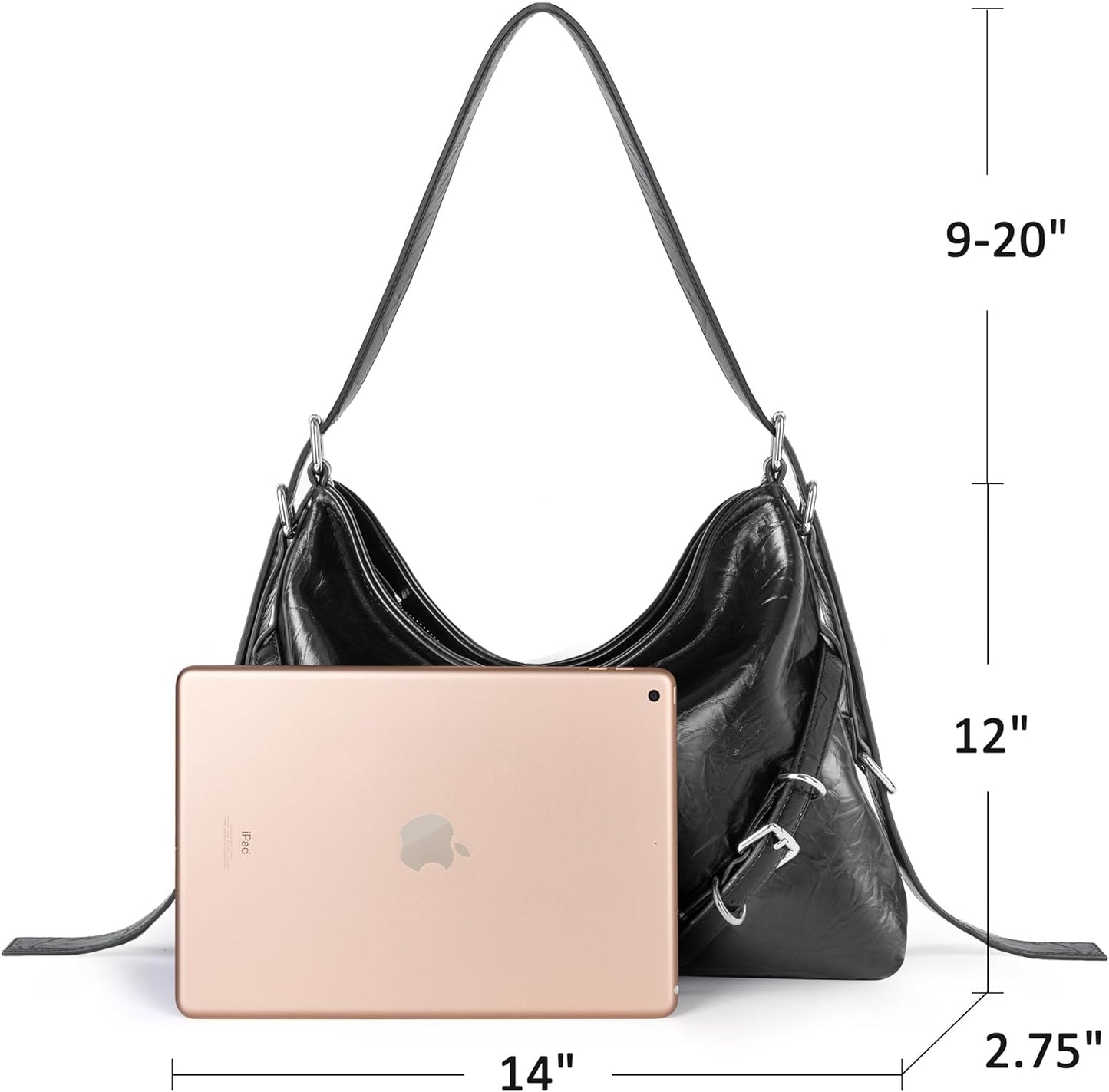 Hobo Bag for Women, Black Vegan Leather Tote Bag with Zipper, Black Shoulder Bag, Small Hobo Crossbody Bags for Women Trendy, Medium Satchel Bag with Adjustable Shoulder Strap