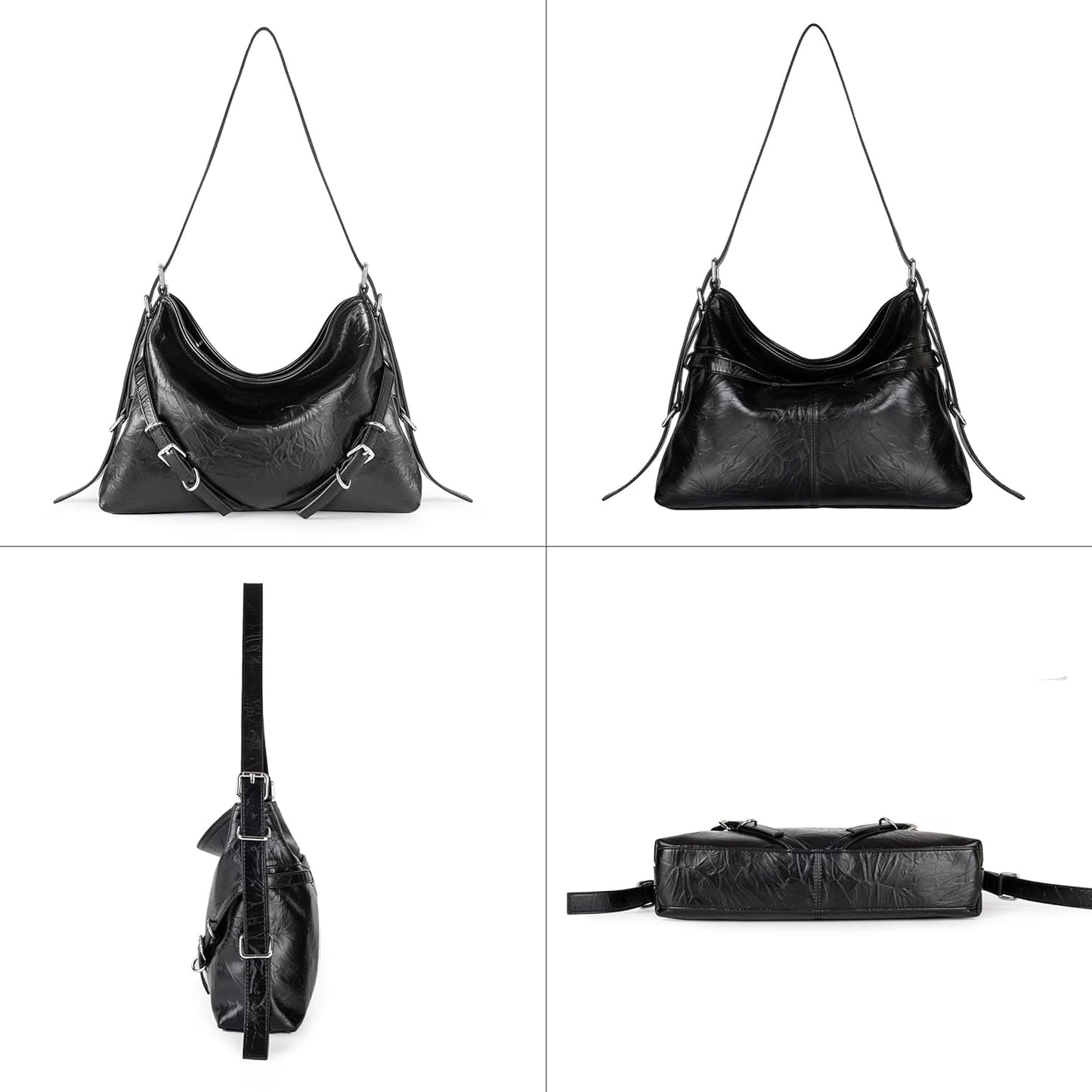 Hobo Bag for Women, Black Vegan Leather Tote Bag with Zipper, Black Shoulder Bag, Small Hobo Crossbody Bags for Women Trendy, Medium Satchel Bag with Adjustable Shoulder Strap