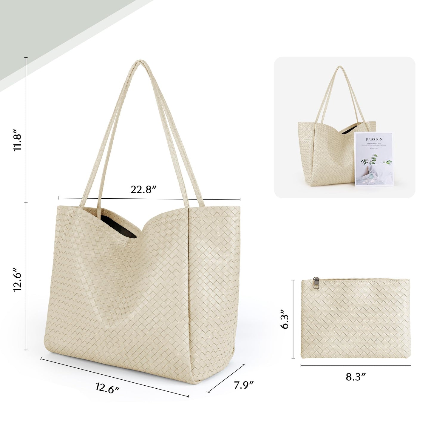 Large Woven Tote Bag for Women, Shoulder Bag Purse Black Tote Bag Soft Vegan Leather Hobo Handbag Beach Tote