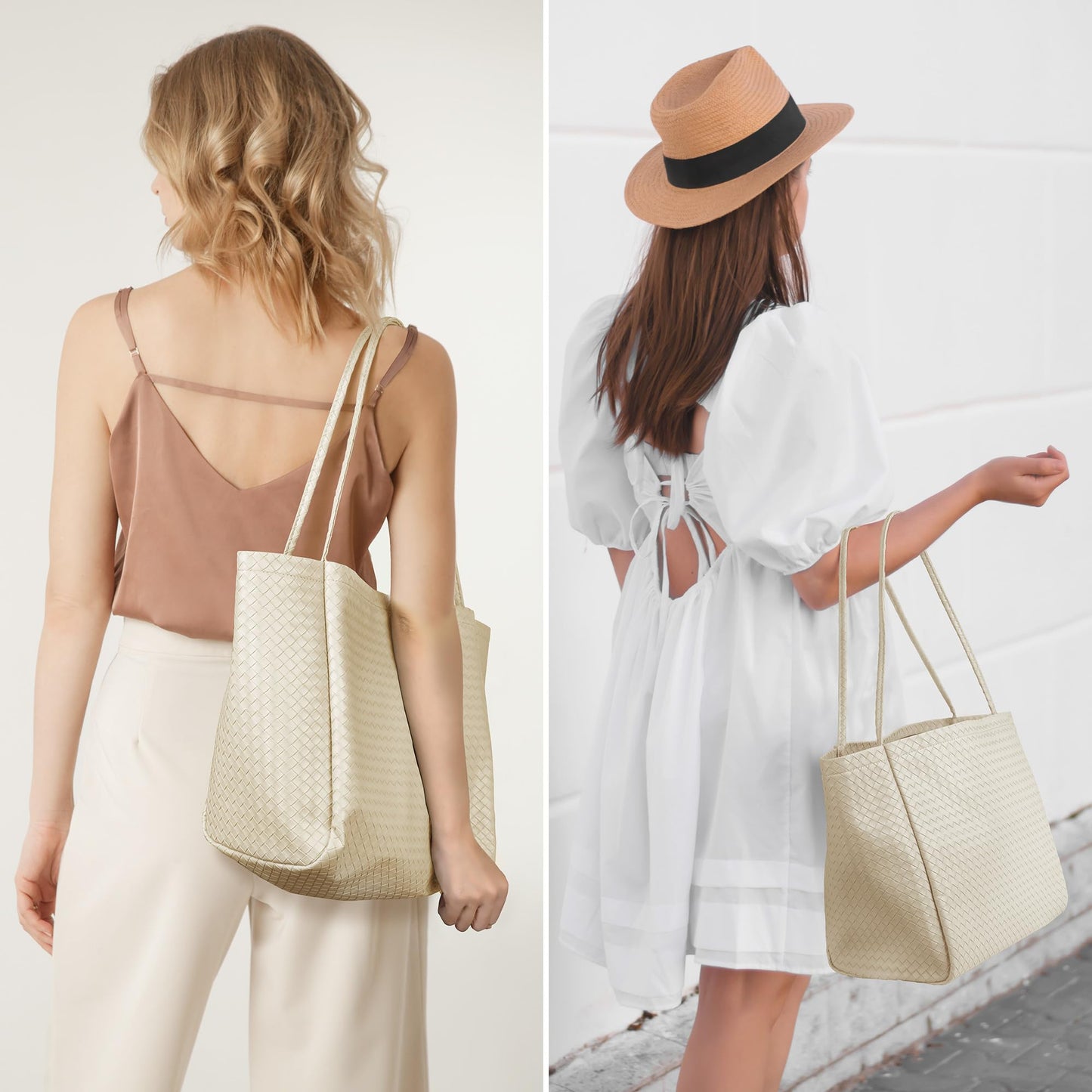 Large Woven Tote Bag for Women, Shoulder Bag Purse Black Tote Bag Soft Vegan Leather Hobo Handbag Beach Tote