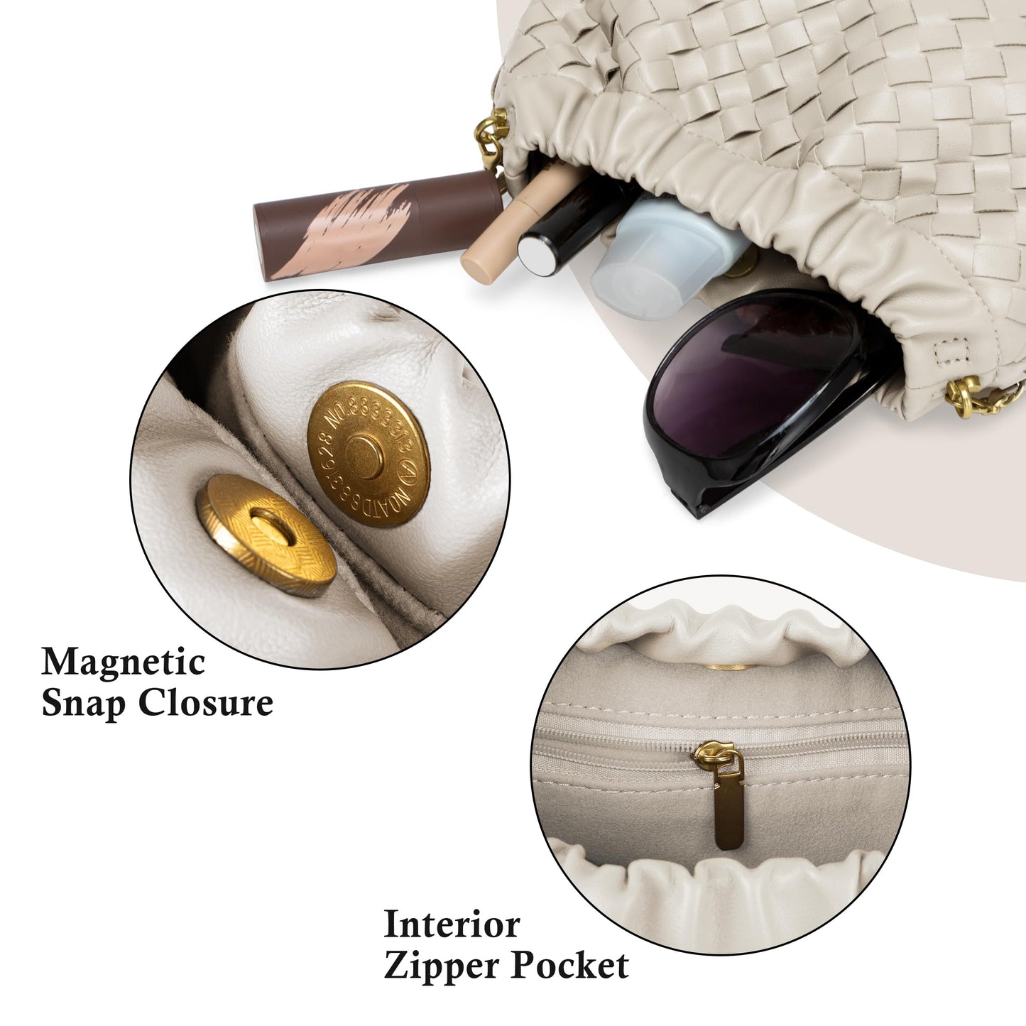 Joryin Woven Women's Crossbody Bag & Evening Purse, Trendy Dumpling Clutch & Hobo Cloud Shoulder Bag Trendy Dumpling Clutch Woven Leather-light Brown White