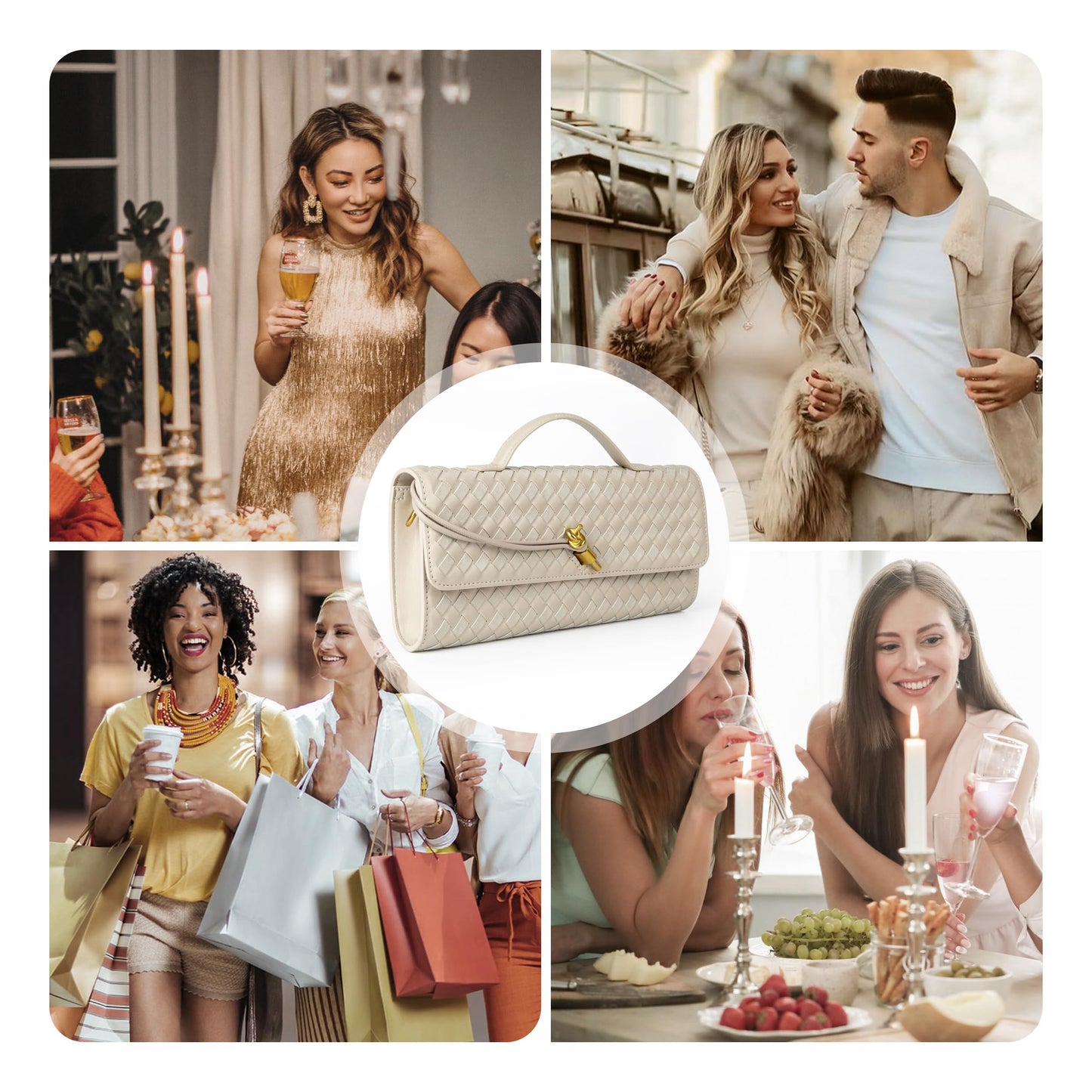 Woven Purse For Women Evening Clutch Woven Leather Handbags Crossbody Bag Suede Purse Formal Evening bag Seashell White Woven Leather & Suede