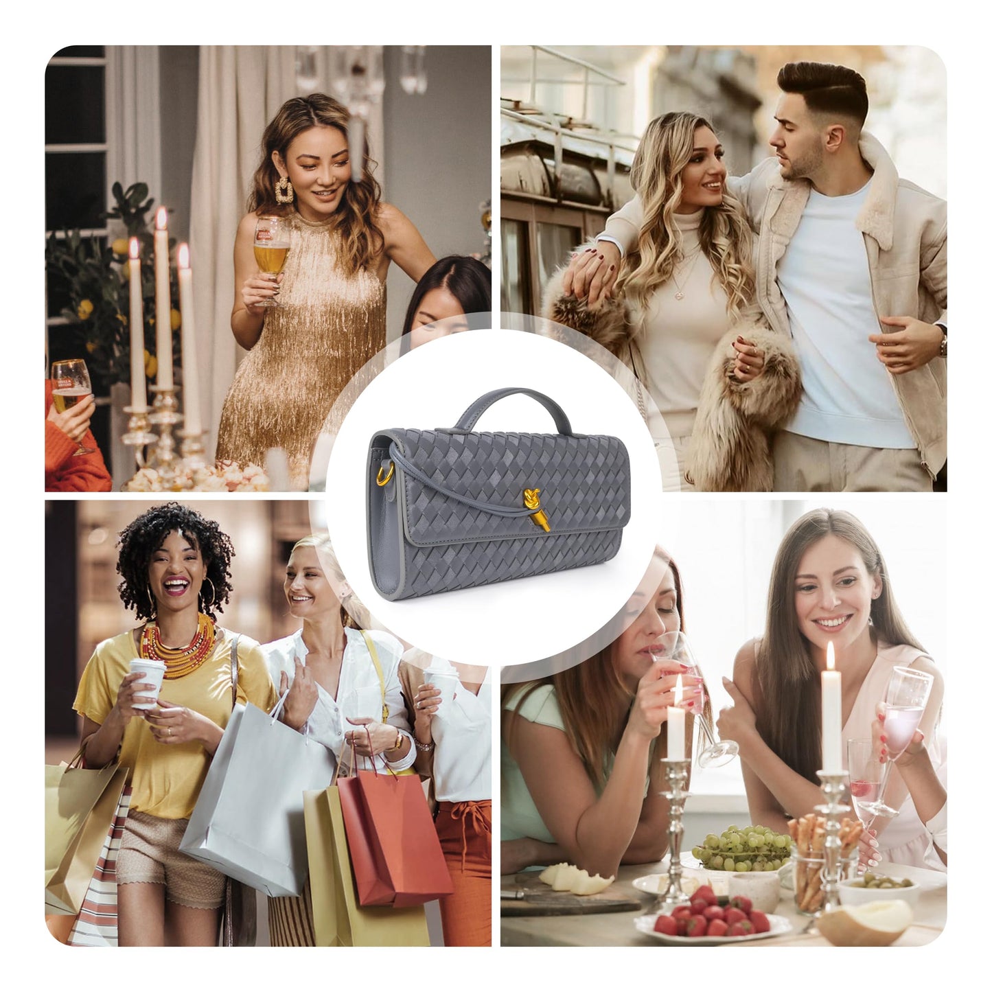 Woven Purse For Women Evening Clutch Woven Leather Handbags Crossbody Bag Suede Purse Formal Evening bag Seashell White Woven Leather & Suede