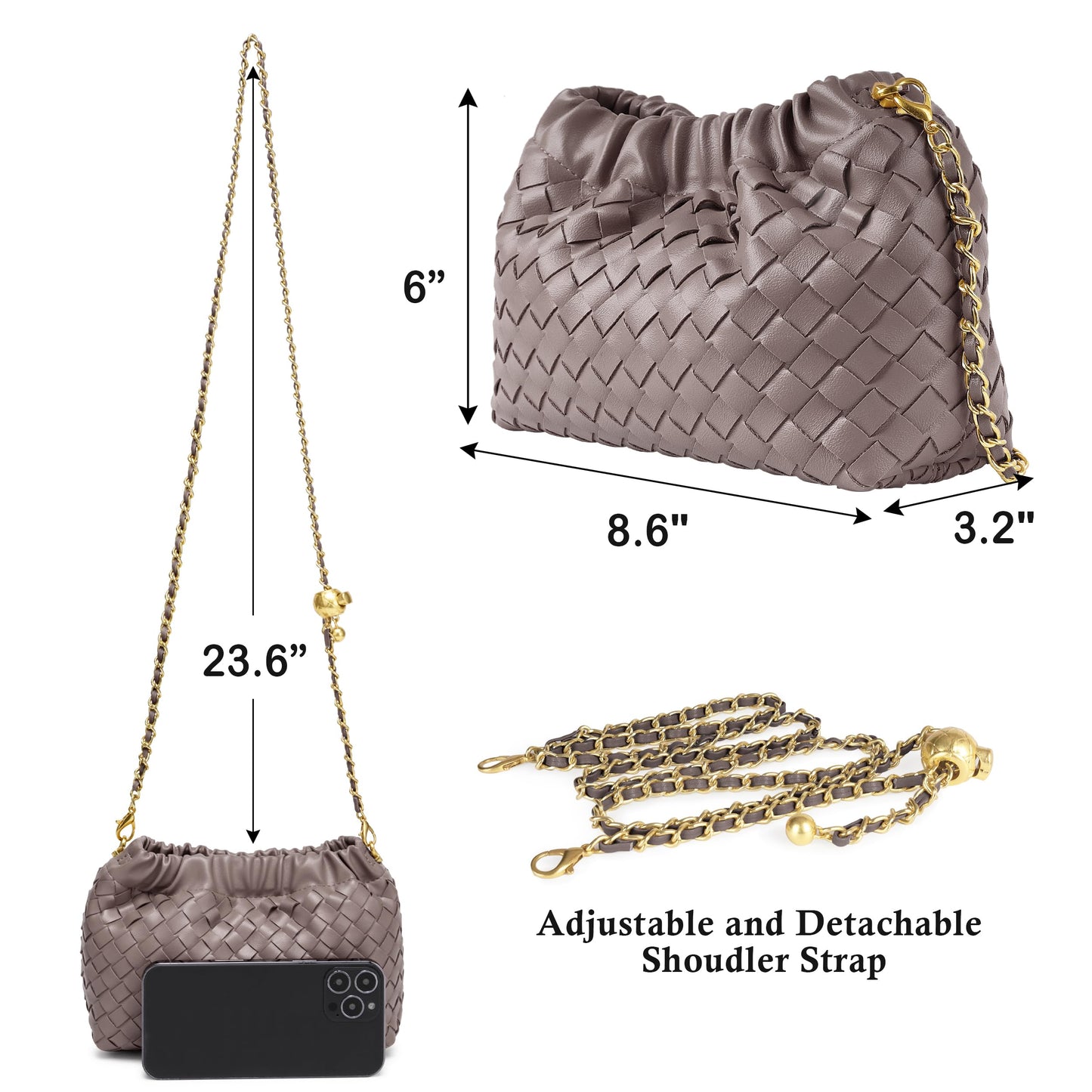 Joryin Woven Women's Crossbody Bag & Evening Purse, Trendy Dumpling Clutch & Hobo Cloud Shoulder Bag Trendy Dumpling Clutch Woven Leather-light Brown White