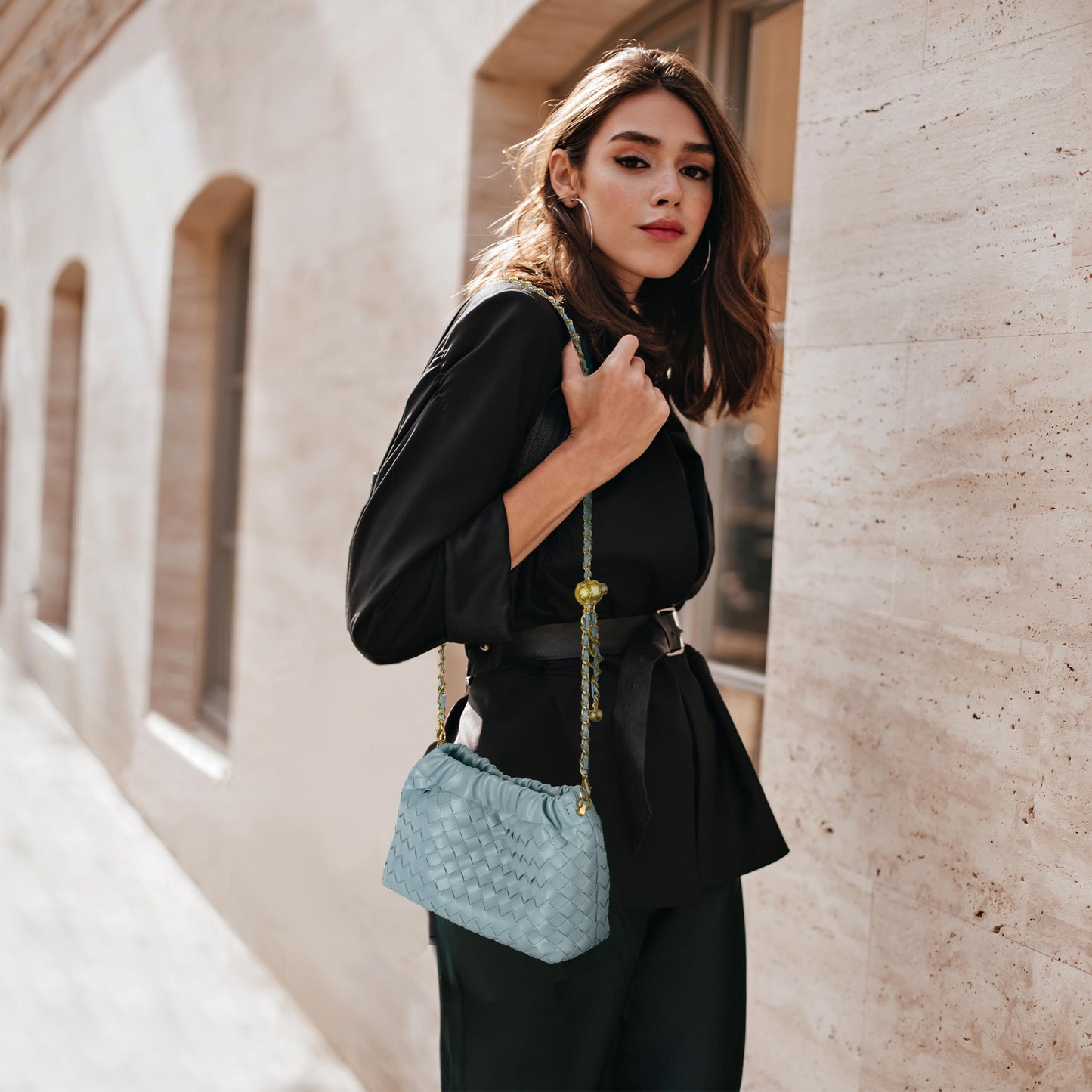 Joryin Woven Women's Crossbody Bag & Evening Purse, Trendy Dumpling Clutch & Hobo Cloud Shoulder Bag Trendy Dumpling Clutch Woven Leather-light Brown White