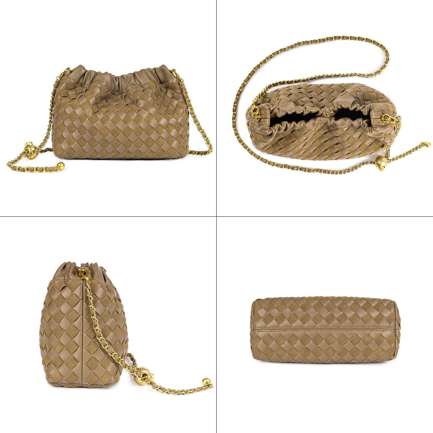 Joryin Woven Women's Crossbody Bag & Evening Purse, Trendy Dumpling Clutch & Hobo Cloud Shoulder Bag Trendy Dumpling Clutch Woven Leather-light Brown White