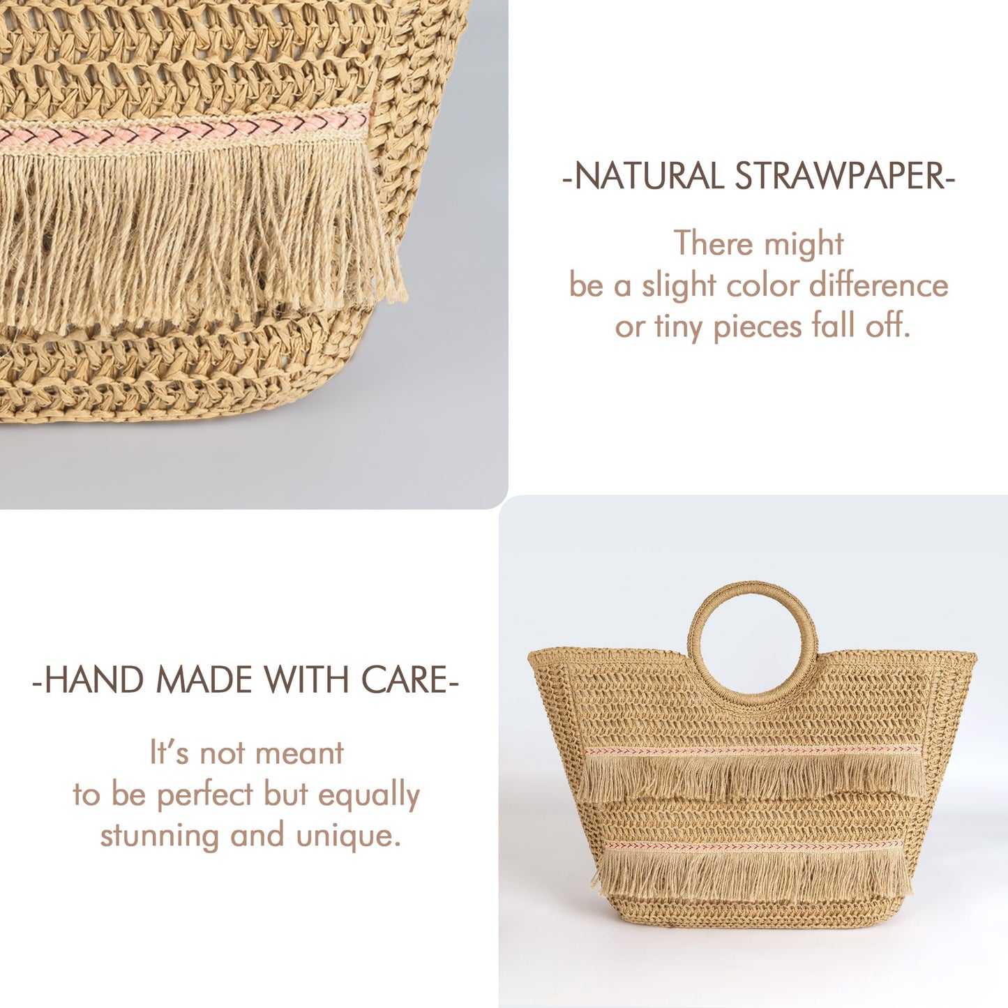 Beach Tote Bag for Women, Hand Woven Bags, Natural Fibre Boho Purse, Top Handle Hobo Handbag, Straw Summer Purses