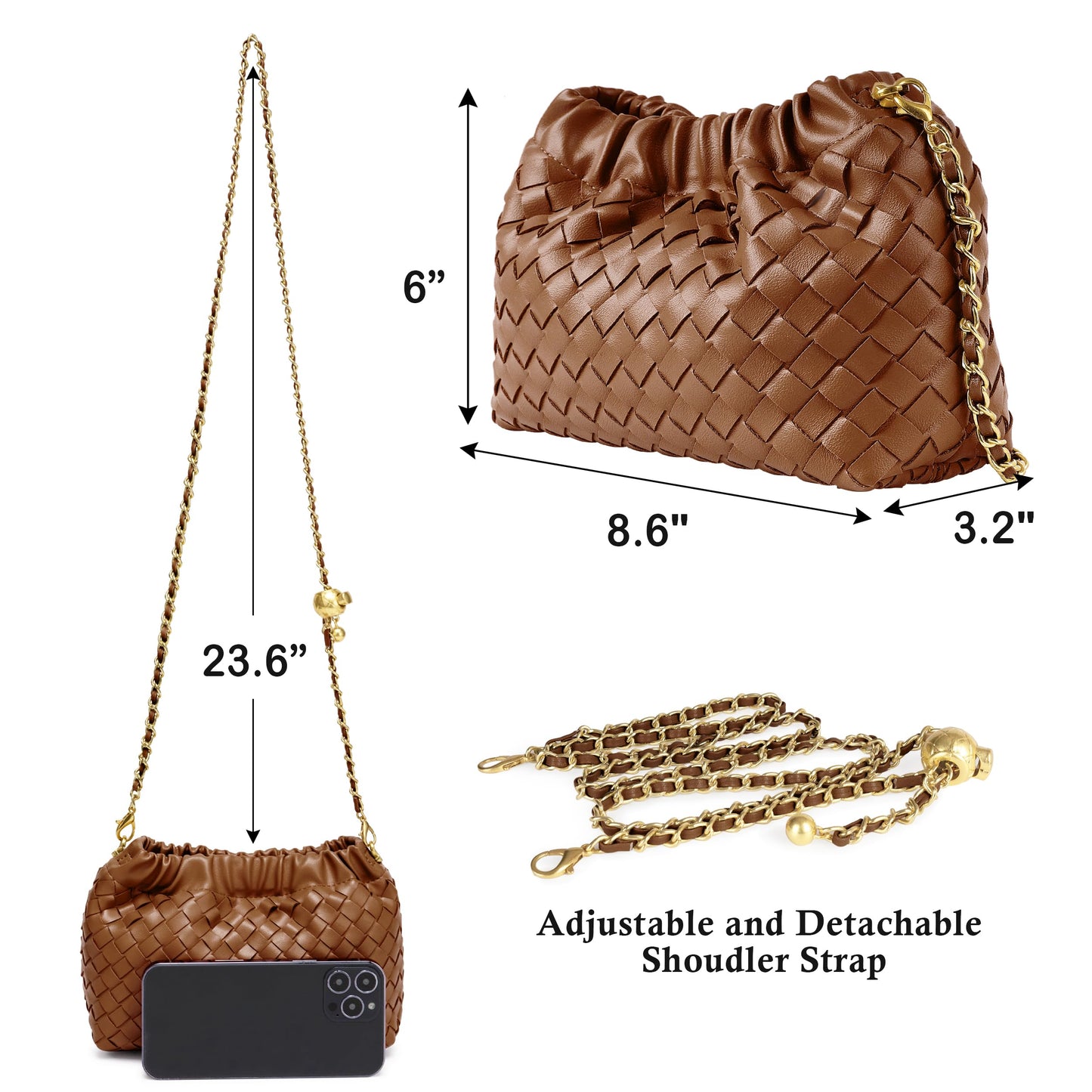 Joryin Woven Women's Crossbody Bag & Evening Purse, Trendy Dumpling Clutch & Hobo Cloud Shoulder Bag Trendy Dumpling Clutch Woven Leather-light Brown White