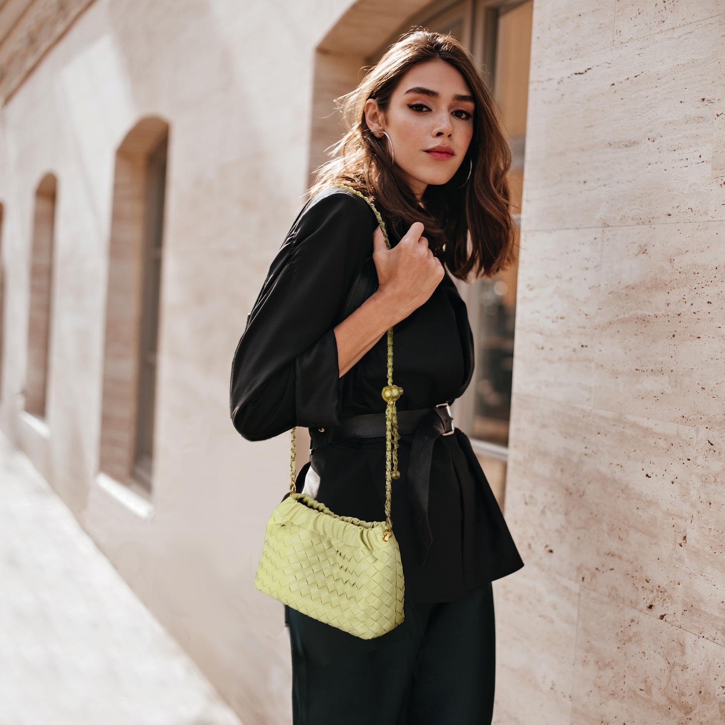 Joryin Woven Women's Crossbody Bag & Evening Purse, Trendy Dumpling Clutch & Hobo Cloud Shoulder Bag Trendy Dumpling Clutch Woven Leather-light Brown White