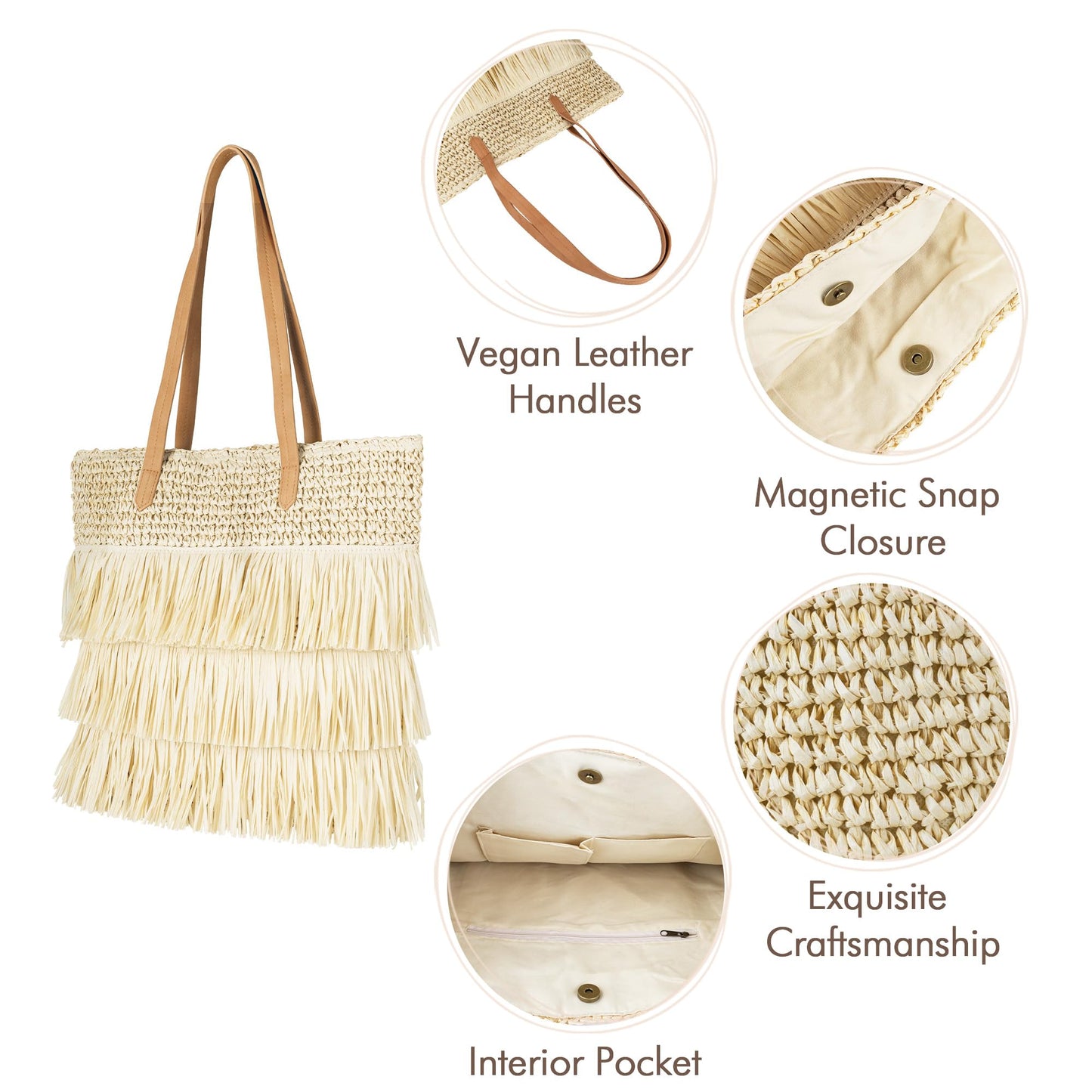 Beach Tote Bag for Women, Hand Woven Bags, Natural Fibre Boho Purse, Top Handle Hobo Handbag, Straw Summer Purses