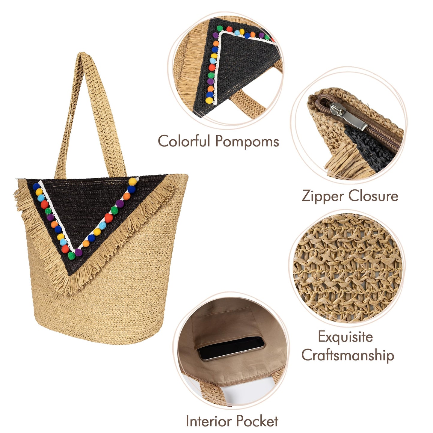 Beach Tote Bag for Women, Hand Woven Bags, Natural Fibre Boho Purse, Top Handle Hobo Handbag, Straw Summer Purses