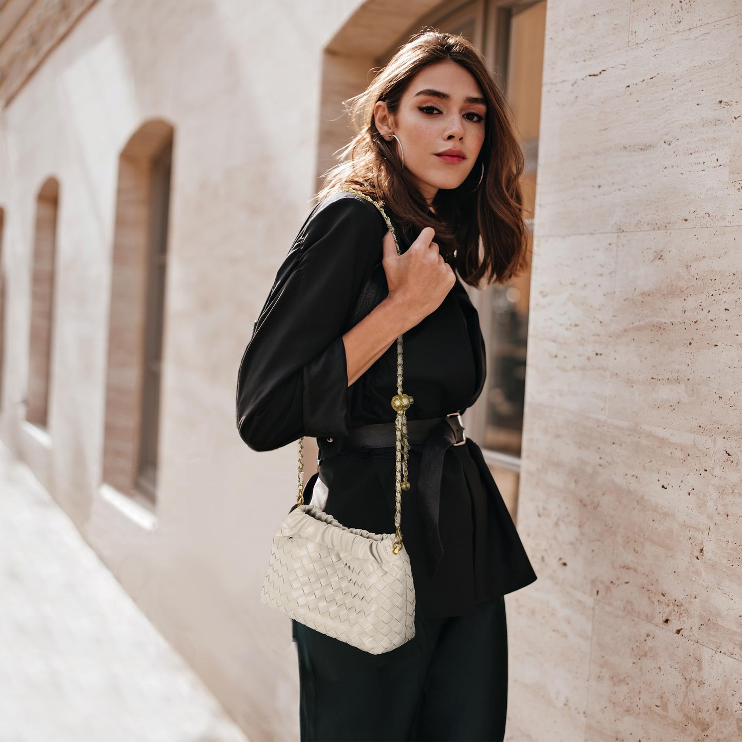 Joryin Woven Women's Crossbody Bag & Evening Purse, Trendy Dumpling Clutch & Hobo Cloud Shoulder Bag Trendy Dumpling Clutch Woven Leather-light Brown White