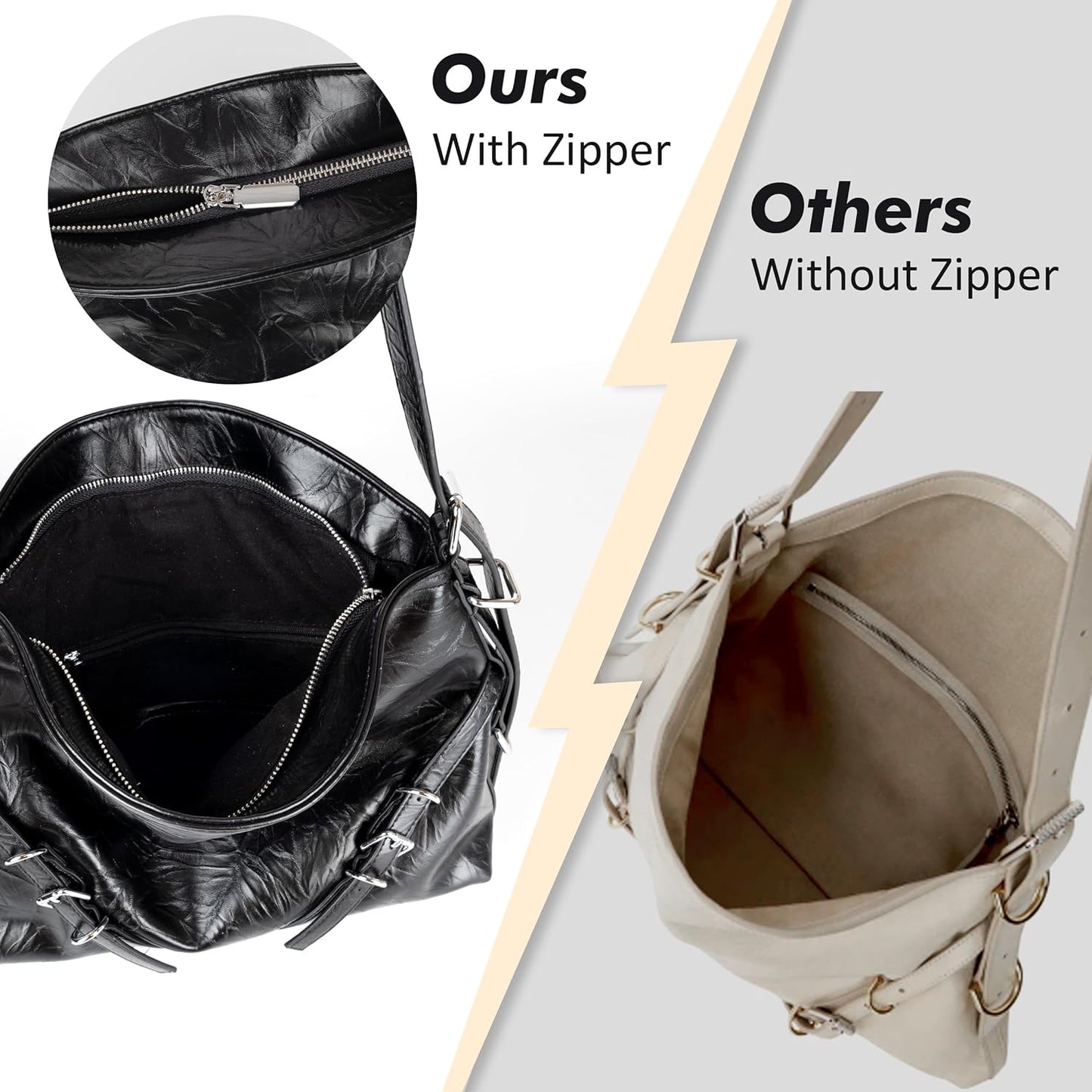 Hobo Bag for Women, Black Vegan Leather Tote Bag with Zipper, Black Shoulder Bag, Small Hobo Crossbody Bags for Women Trendy, Medium Satchel Bag with Adjustable Shoulder Strap