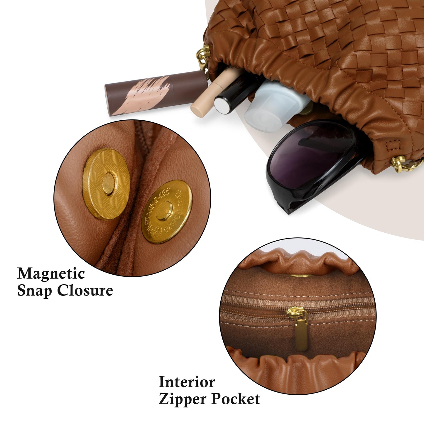 Joryin Woven Women's Crossbody Bag & Evening Purse, Trendy Dumpling Clutch & Hobo Cloud Shoulder Bag Trendy Dumpling Clutch Woven Leather-light Brown White