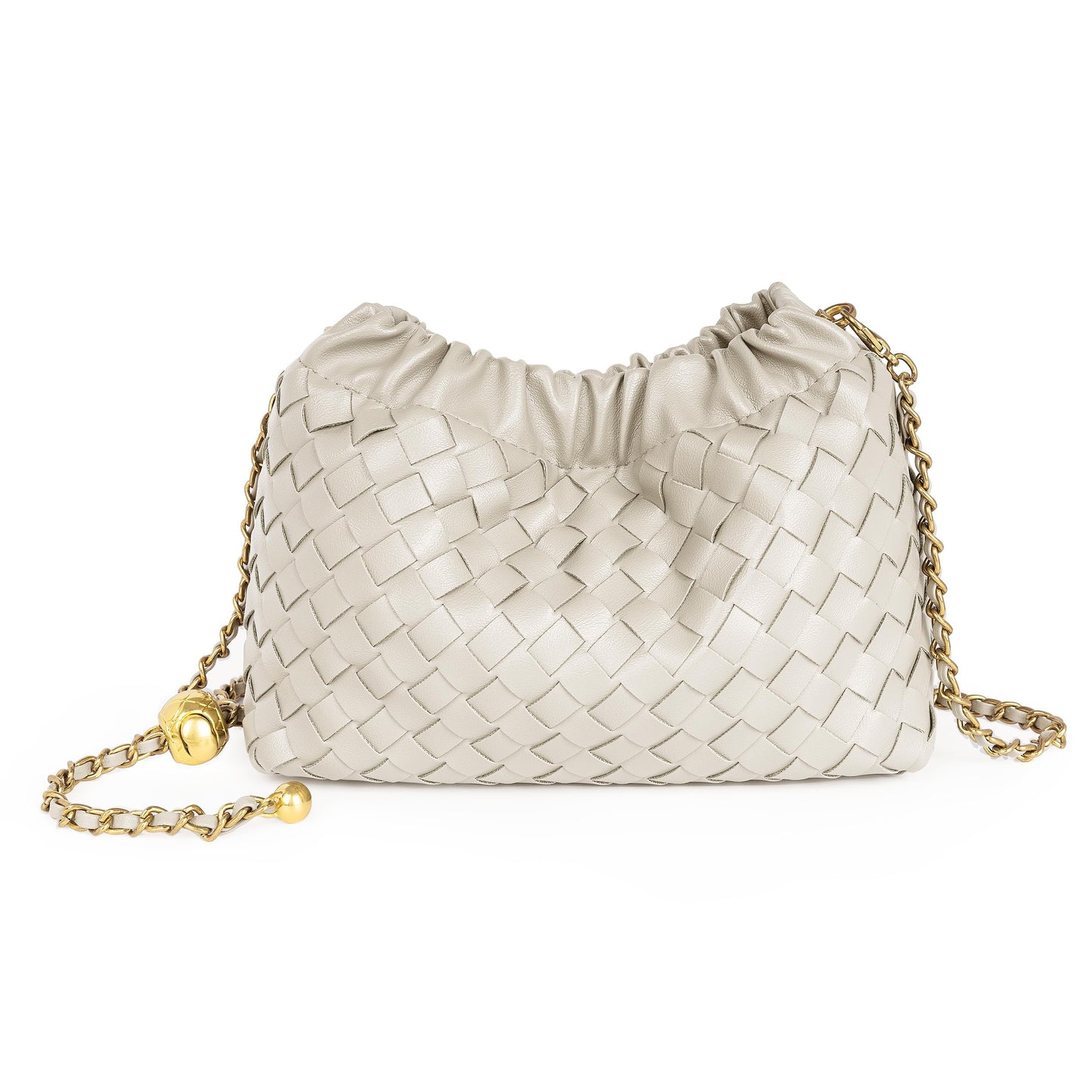 Joryin Woven Women's Crossbody Bag & Evening Purse, Trendy Dumpling Clutch & Hobo Cloud Shoulder Bag Trendy Dumpling Clutch Woven Leather-light Brown White