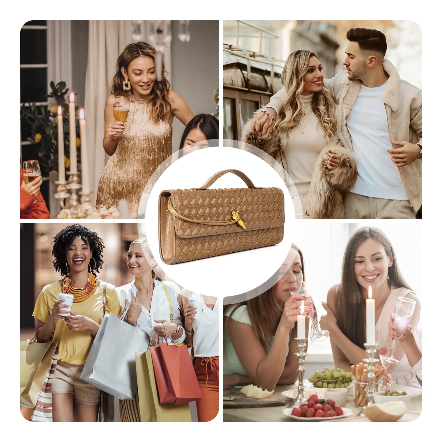 Woven Purse For Women Evening Clutch Woven Leather Handbags Crossbody Bag Suede Purse Formal Evening bag Seashell White Woven Leather & Suede