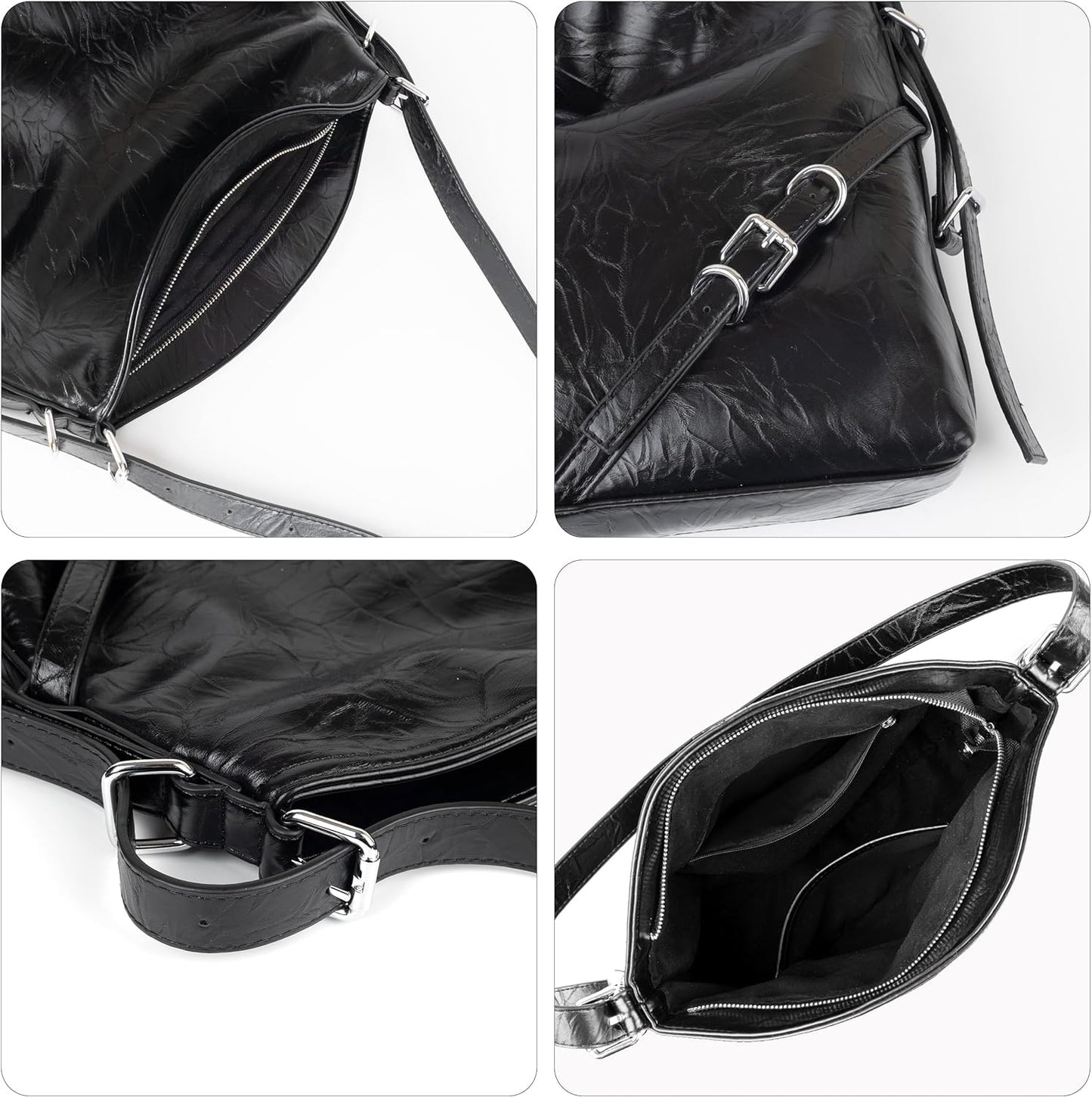 Hobo Bag for Women, Black Vegan Leather Tote Bag with Zipper, Black Shoulder Bag, Small Hobo Crossbody Bags for Women Trendy, Medium Satchel Bag with Adjustable Shoulder Strap