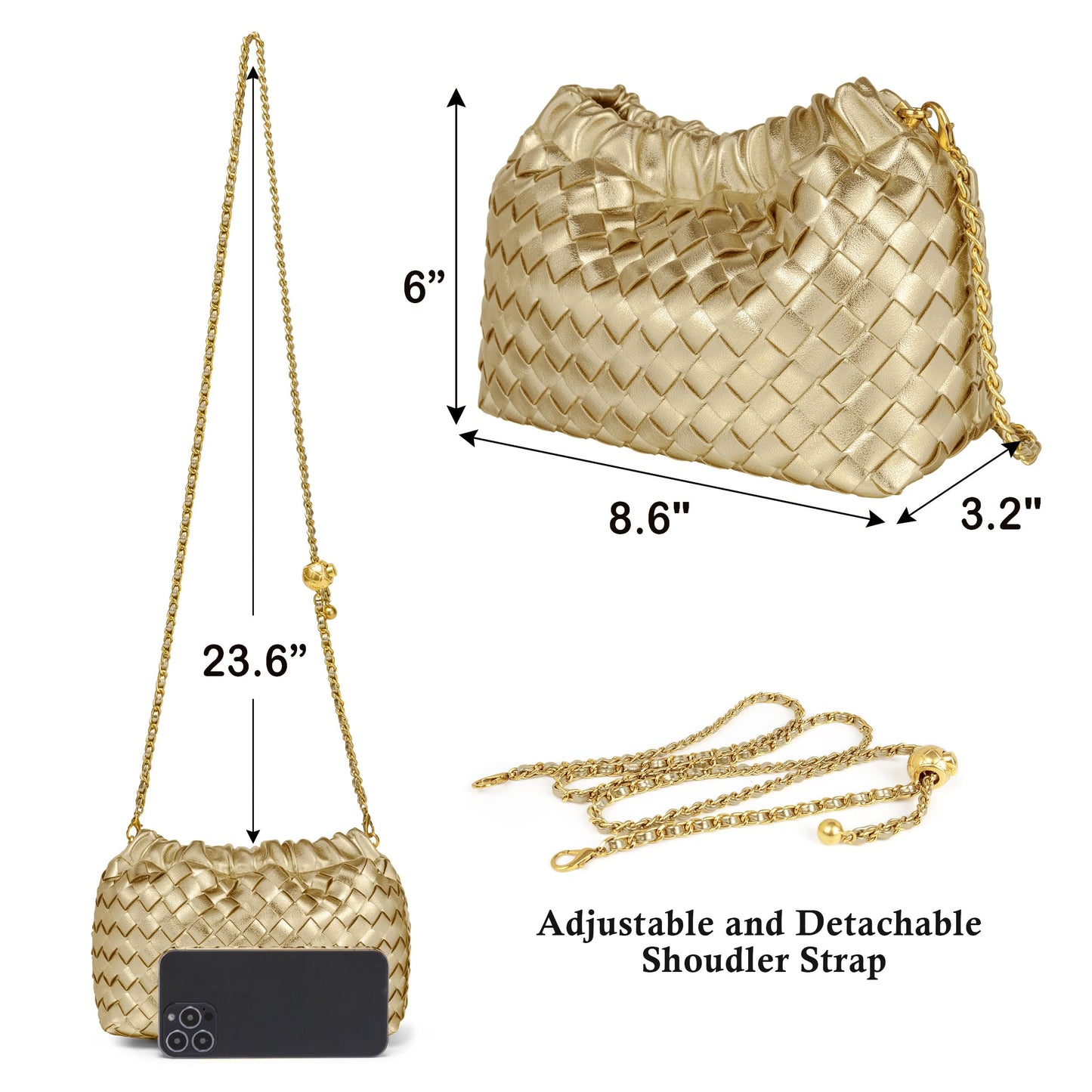Joryin Woven Women's Crossbody Bag & Evening Purse, Trendy Dumpling Clutch & Hobo Cloud Shoulder Bag Trendy Dumpling Clutch Woven Leather-light Brown White