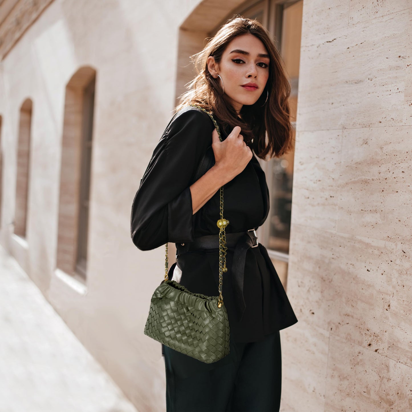 Joryin Woven Women's Crossbody Bag & Evening Purse, Trendy Dumpling Clutch & Hobo Cloud Shoulder Bag Trendy Dumpling Clutch Woven Leather-light Brown White