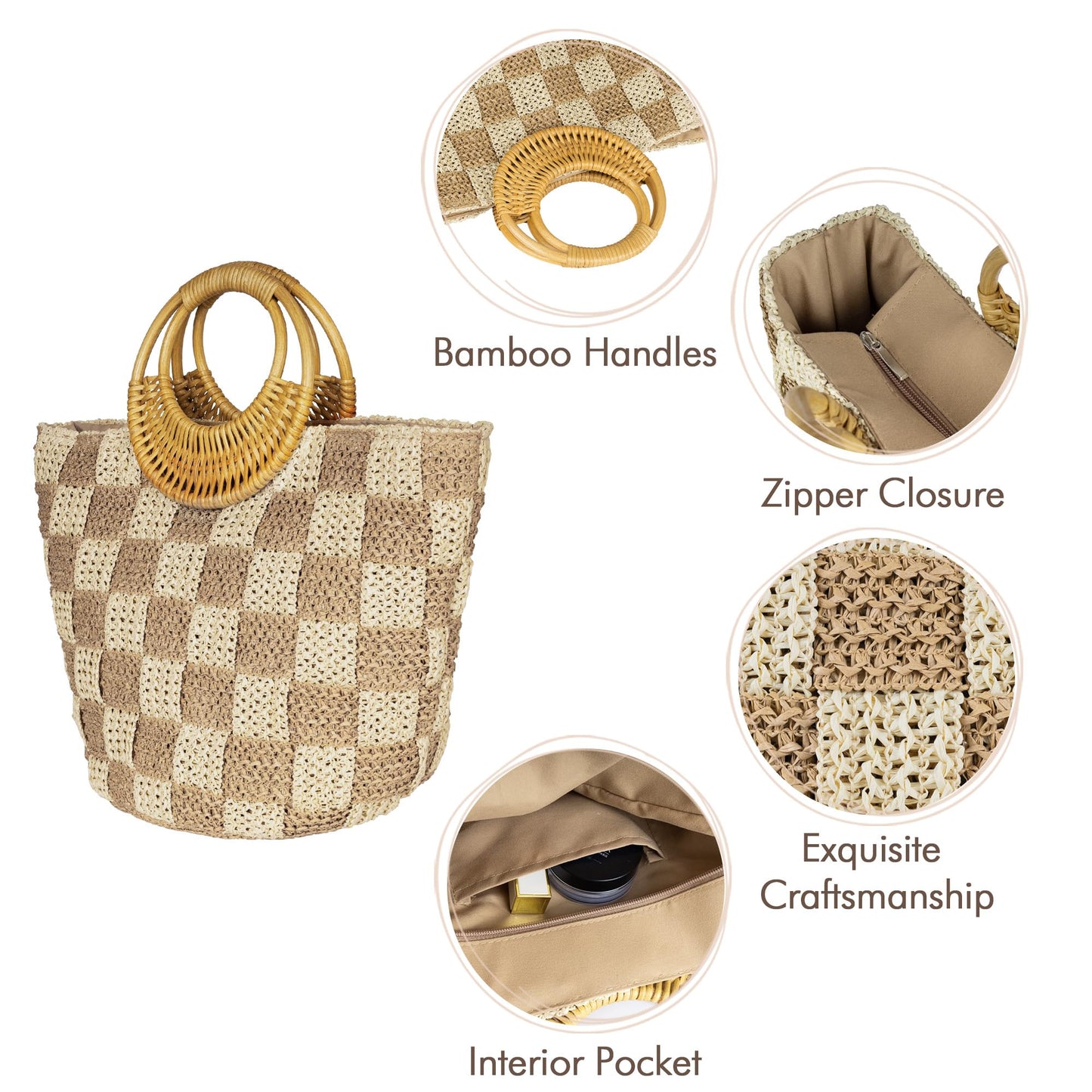 Beach Tote Bag for Women, Hand Woven Bags, Natural Fibre Boho Purse, Top Handle Hobo Handbag, Straw Summer Purses