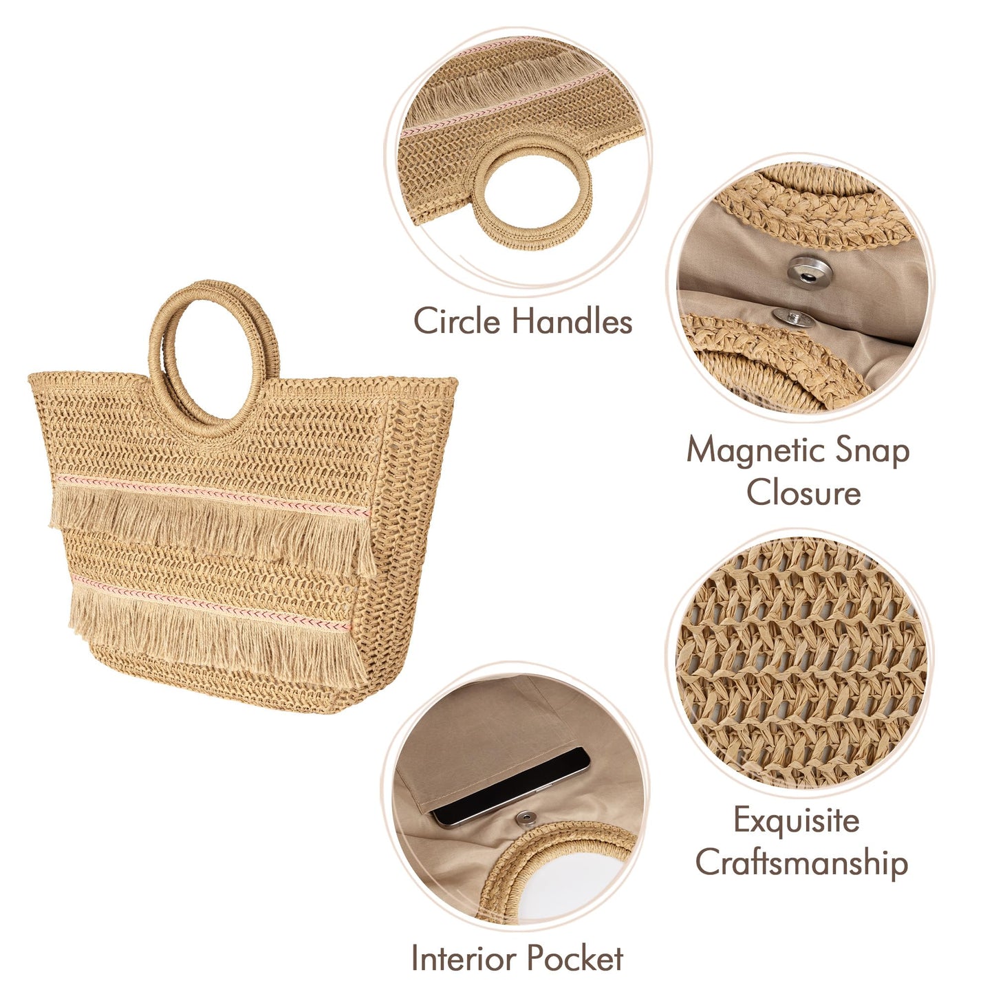 Beach Tote Bag for Women, Hand Woven Bags, Natural Fibre Boho Purse, Top Handle Hobo Handbag, Straw Summer Purses