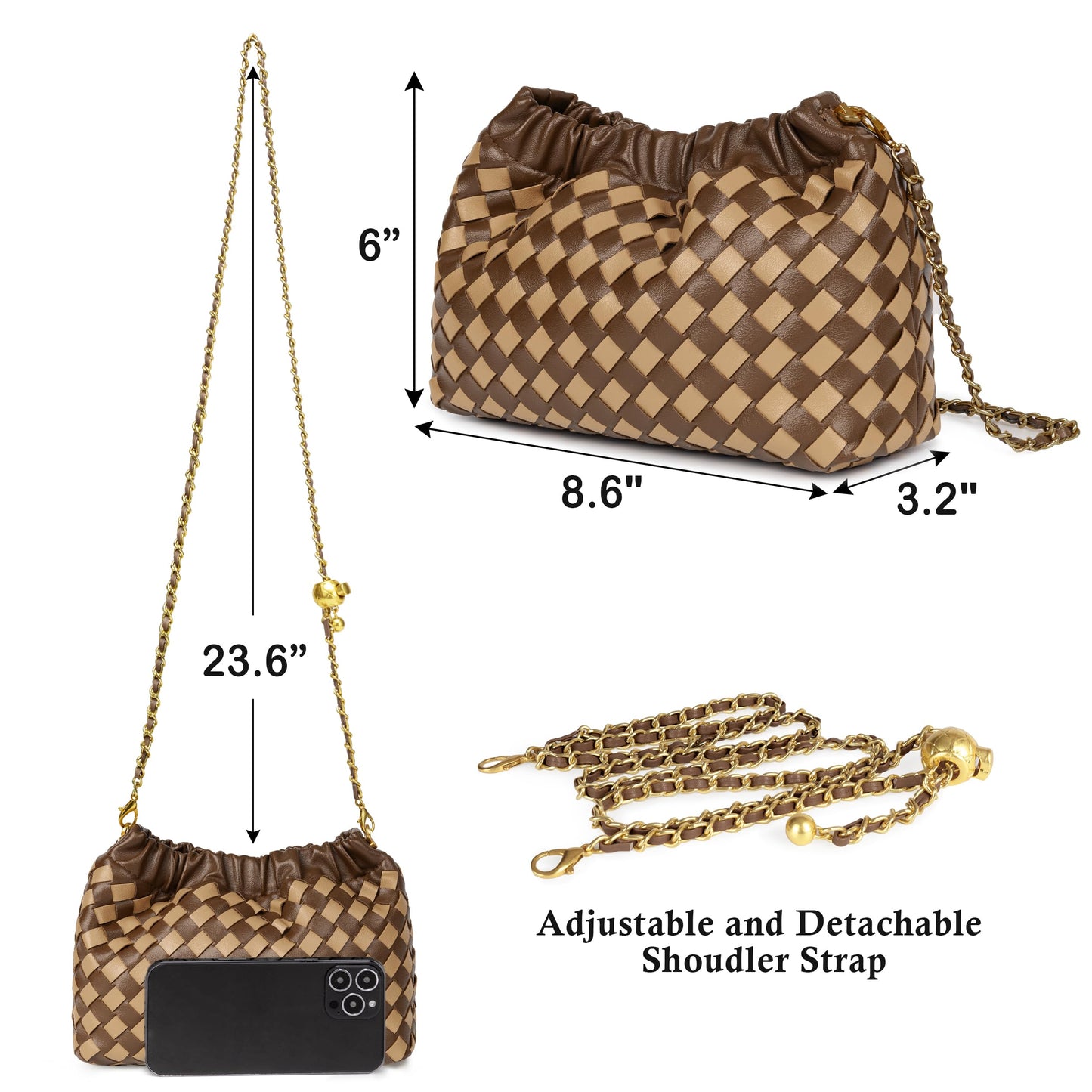 Joryin Woven Women's Crossbody Bag & Evening Purse, Trendy Dumpling Clutch & Hobo Cloud Shoulder Bag Trendy Dumpling Clutch Woven Leather-light Brown White