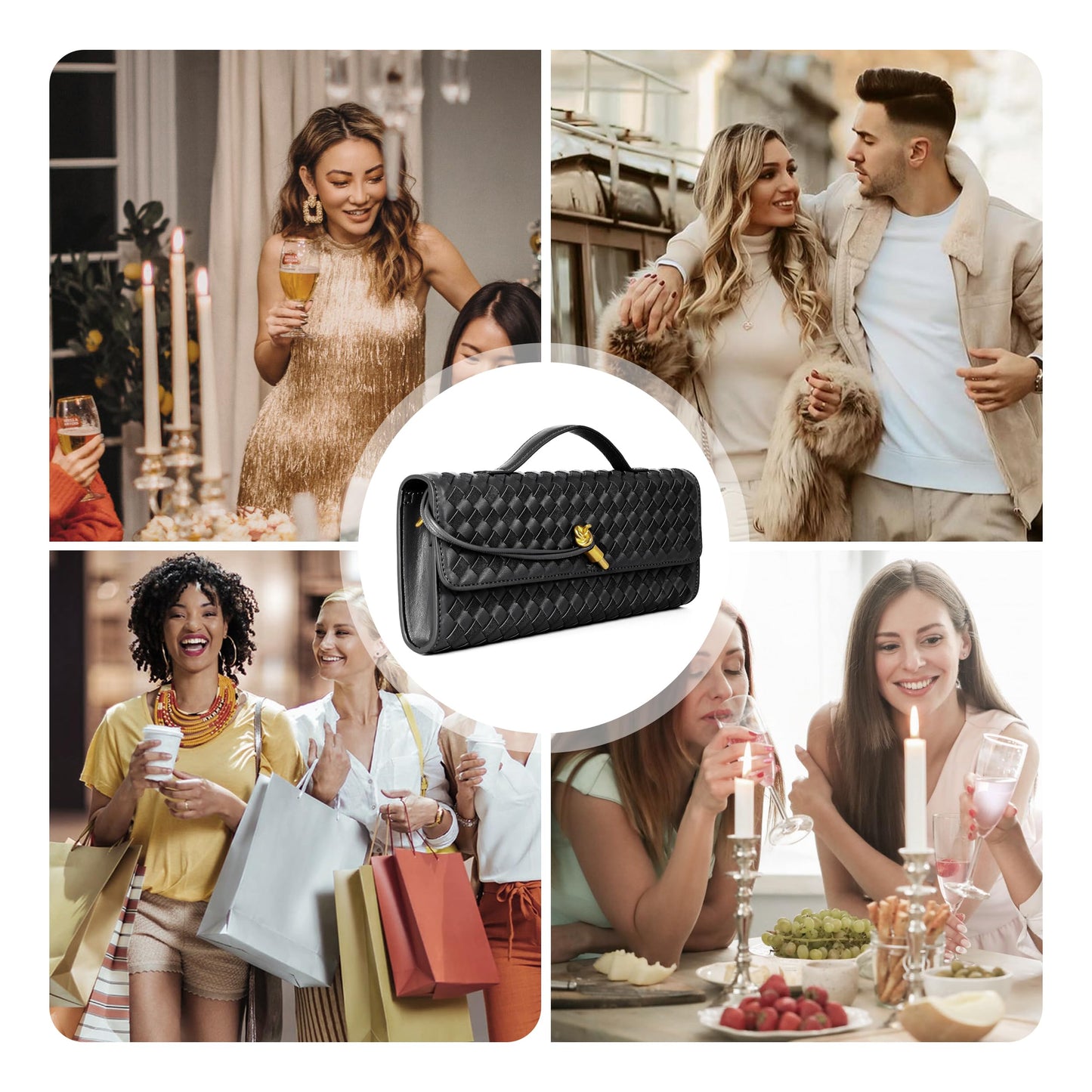 Woven Purse For Women Evening Clutch Woven Leather Handbags Crossbody Bag Suede Purse Formal Evening bag Seashell White Woven Leather & Suede