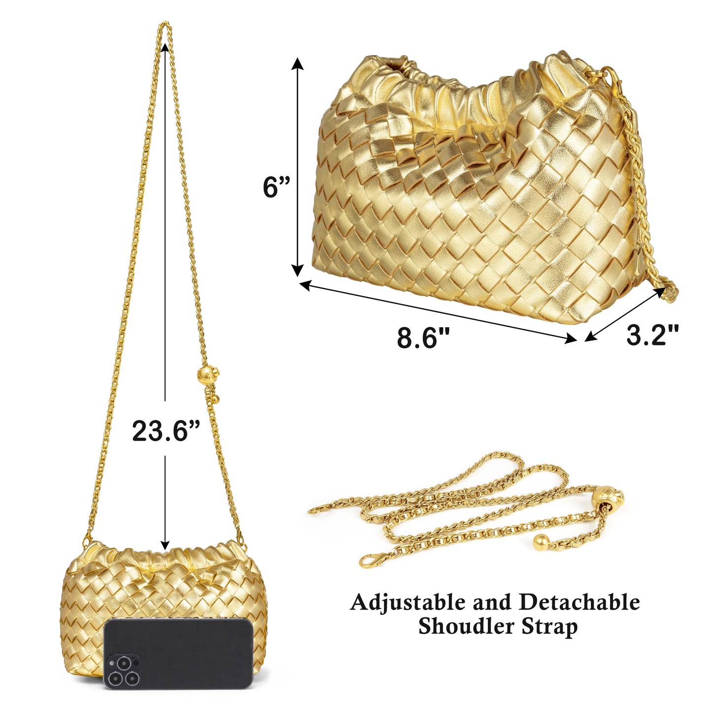 Joryin Woven Women's Crossbody Bag & Evening Purse, Trendy Dumpling Clutch & Hobo Cloud Shoulder Bag Trendy Dumpling Clutch Woven Leather-light Brown White