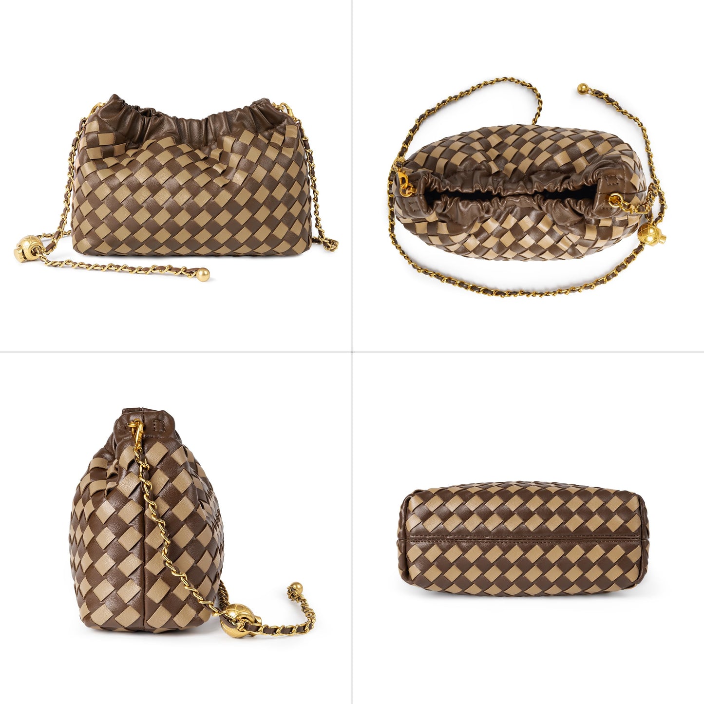Joryin Woven Women's Crossbody Bag & Evening Purse, Trendy Dumpling Clutch & Hobo Cloud Shoulder Bag Trendy Dumpling Clutch Woven Leather-light Brown White