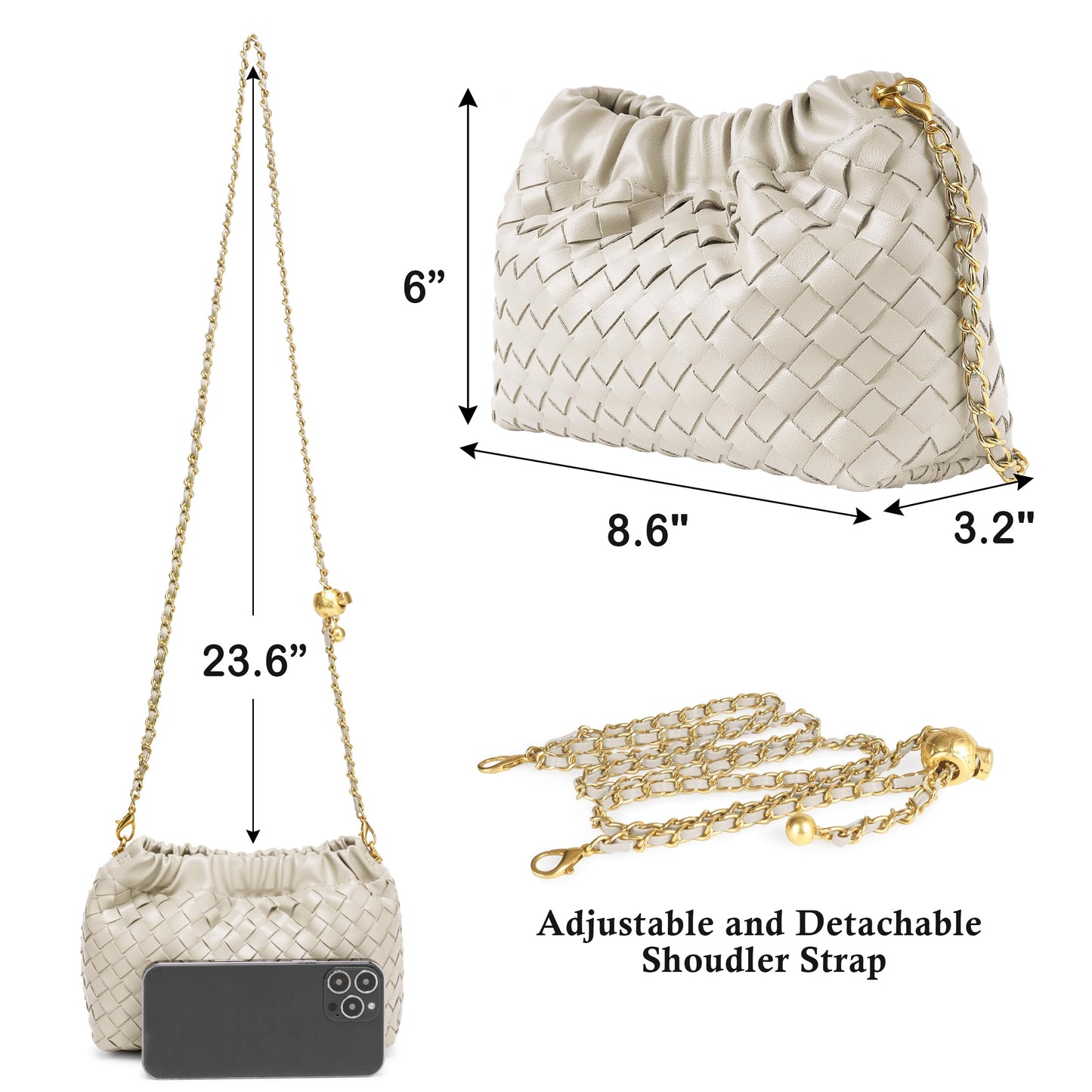 Joryin Woven Women's Crossbody Bag & Evening Purse, Trendy Dumpling Clutch & Hobo Cloud Shoulder Bag Trendy Dumpling Clutch Woven Leather-light Brown White