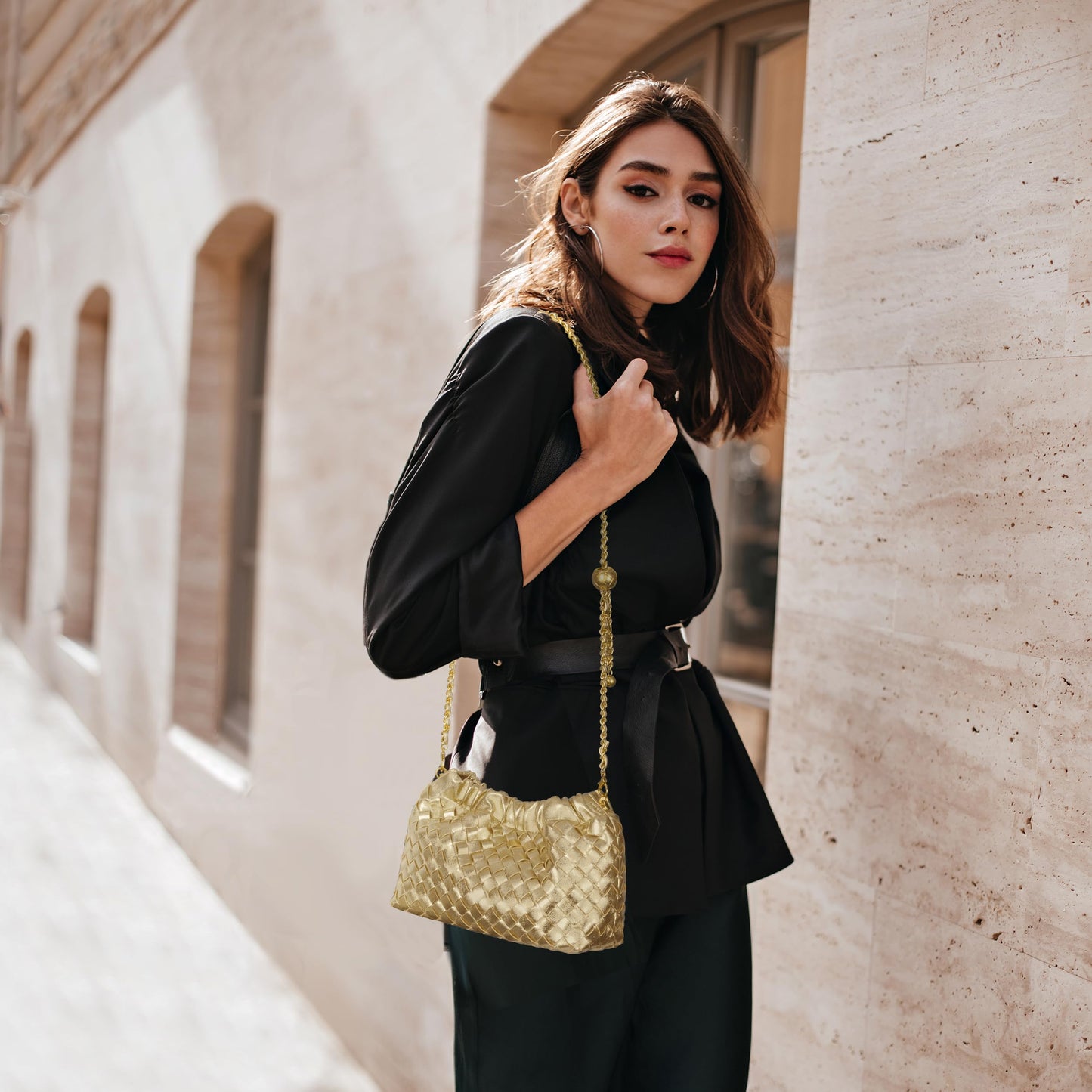 Joryin Woven Women's Crossbody Bag & Evening Purse, Trendy Dumpling Clutch & Hobo Cloud Shoulder Bag Trendy Dumpling Clutch Woven Leather-light Brown White