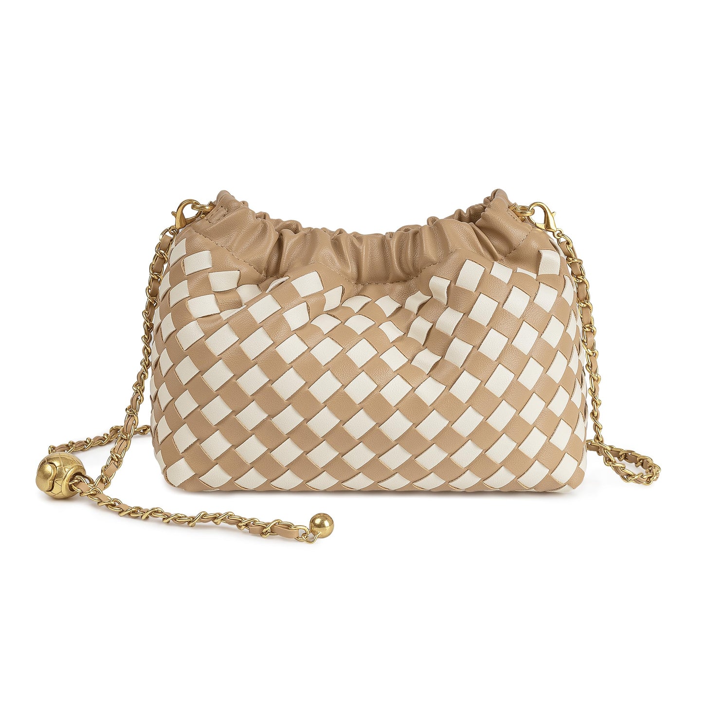 Joryin Woven Women's Crossbody Bag & Evening Purse, Trendy Dumpling Clutch & Hobo Cloud Shoulder Bag Trendy Dumpling Clutch Woven Leather-light Brown White