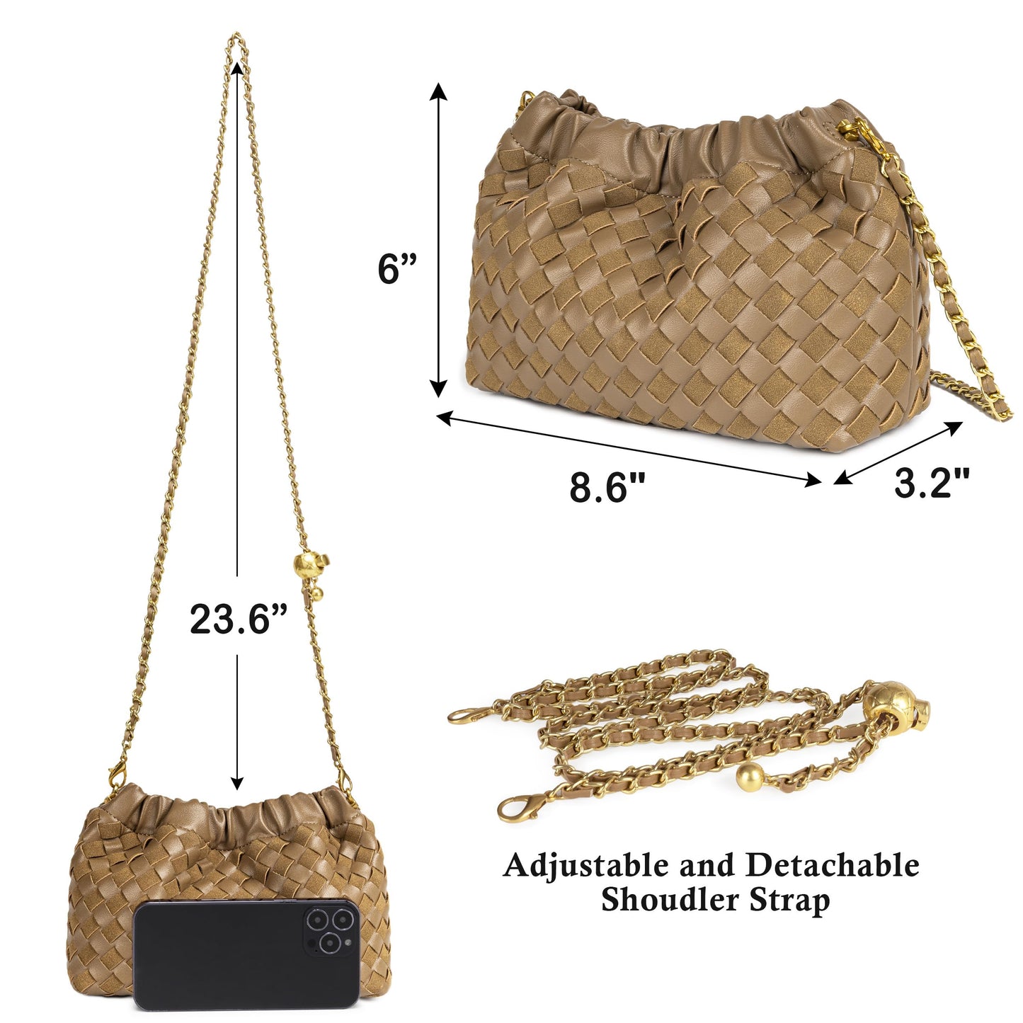 Joryin Woven Women's Crossbody Bag & Evening Purse, Trendy Dumpling Clutch & Hobo Cloud Shoulder Bag Trendy Dumpling Clutch Woven Leather-light Brown White