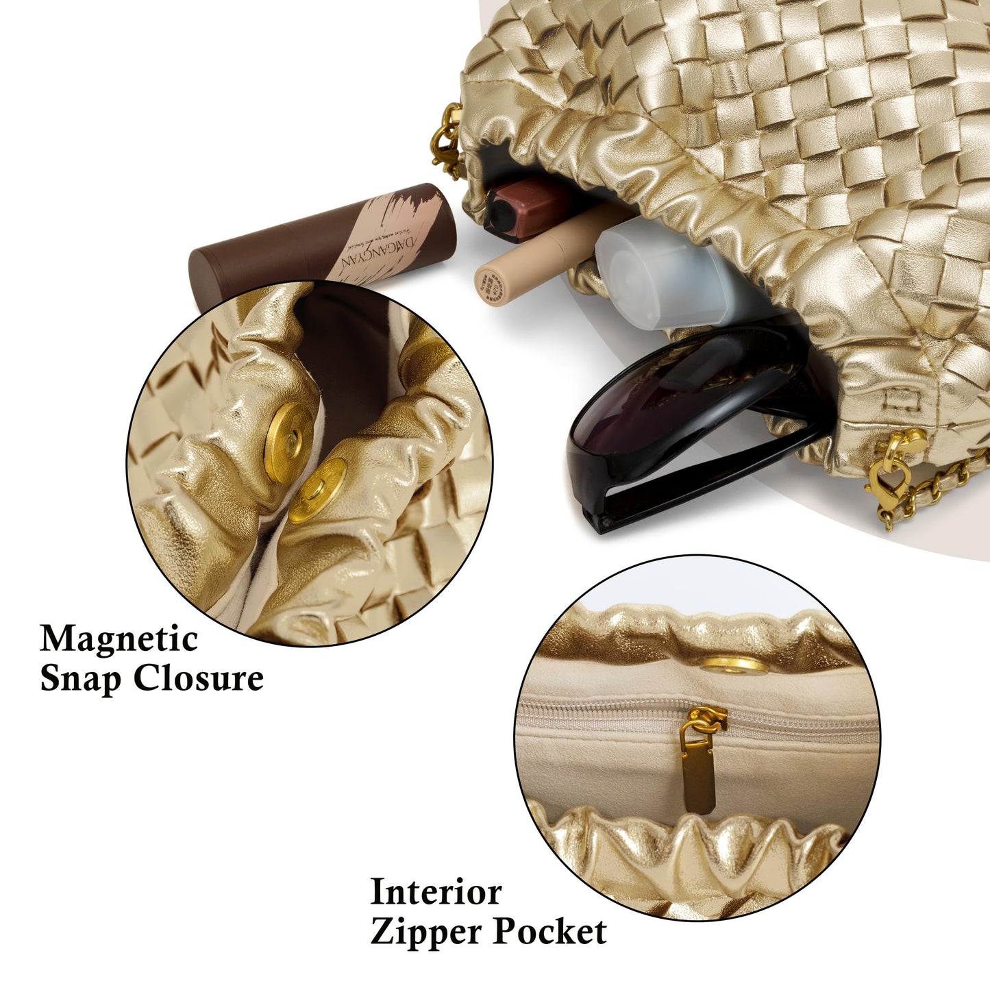Joryin Woven Women's Crossbody Bag & Evening Purse, Trendy Dumpling Clutch & Hobo Cloud Shoulder Bag Trendy Dumpling Clutch Woven Leather-light Brown White