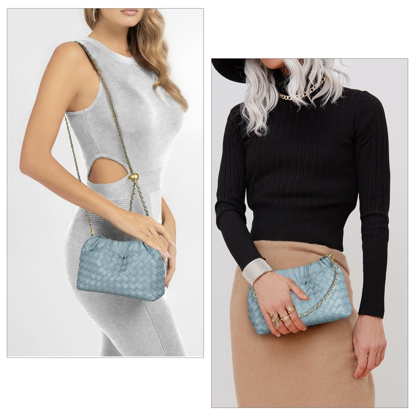 Joryin Woven Women's Crossbody Bag & Evening Purse, Trendy Dumpling Clutch & Hobo Cloud Shoulder Bag Trendy Dumpling Clutch Woven Leather-light Brown White