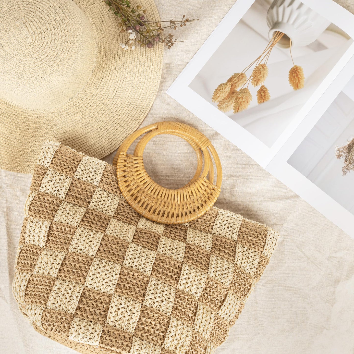 Beach Tote Bag for Women, Hand Woven Bags, Natural Fibre Boho Purse, Top Handle Hobo Handbag, Straw Summer Purses
