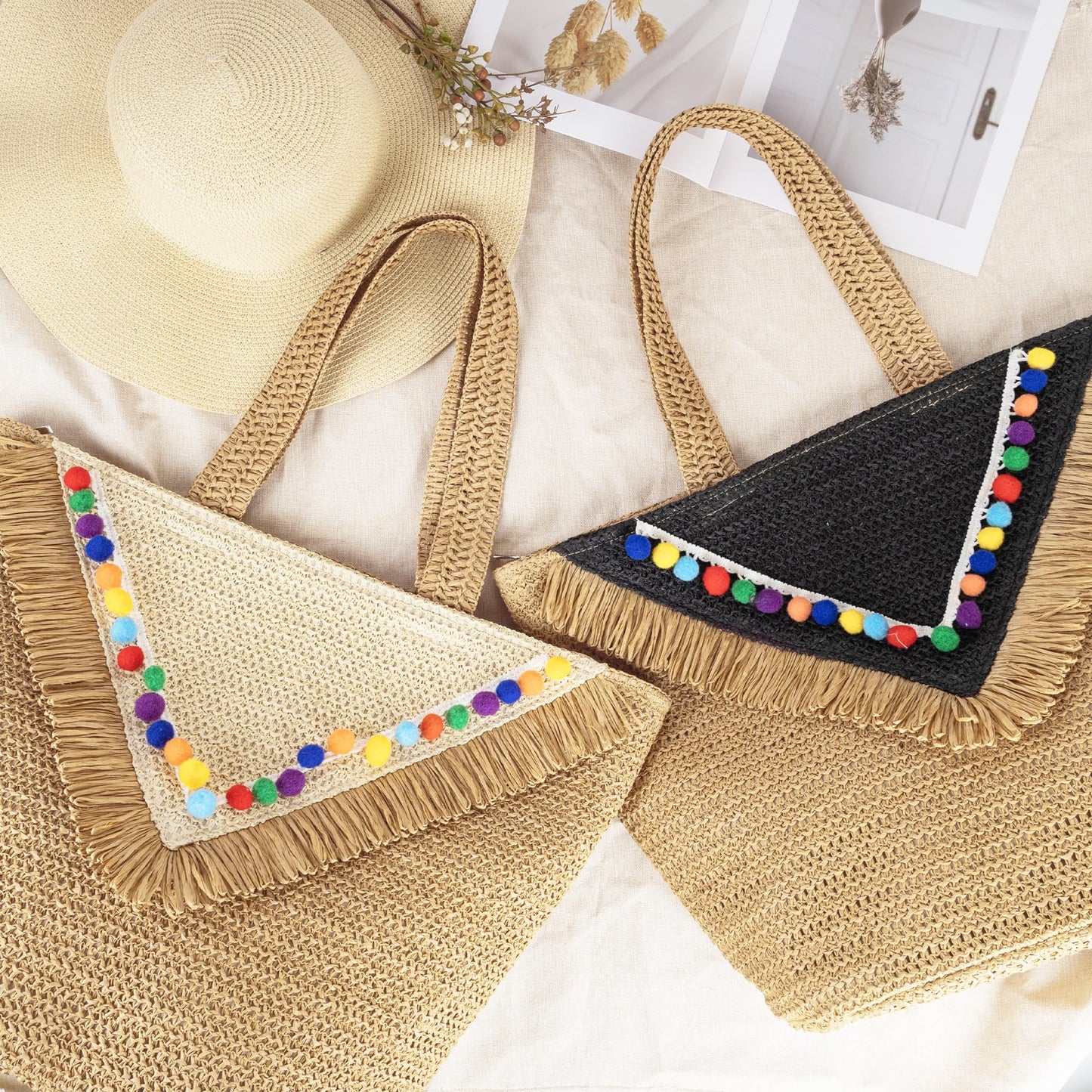 Beach Tote Bag for Women, Hand Woven Bags, Natural Fibre Boho Purse, Top Handle Hobo Handbag, Straw Summer Purses