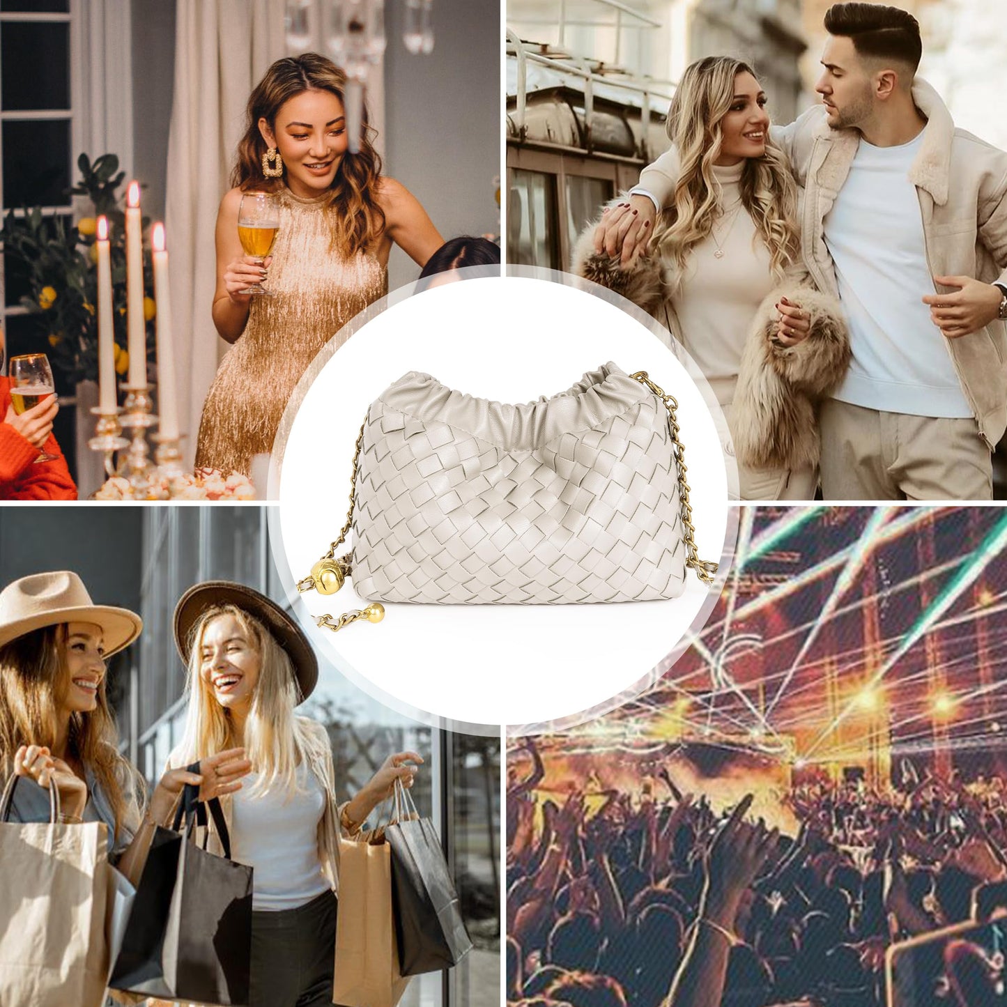 Joryin Woven Women's Crossbody Bag & Evening Purse, Trendy Dumpling Clutch & Hobo Cloud Shoulder Bag Trendy Dumpling Clutch Woven Leather-light Brown White