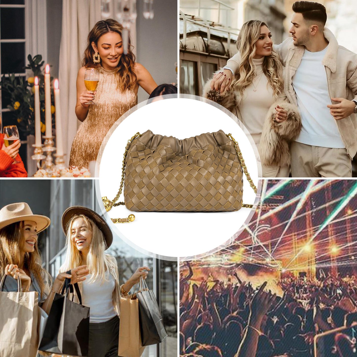 Joryin Woven Women's Crossbody Bag & Evening Purse, Trendy Dumpling Clutch & Hobo Cloud Shoulder Bag Trendy Dumpling Clutch Woven Leather-light Brown White