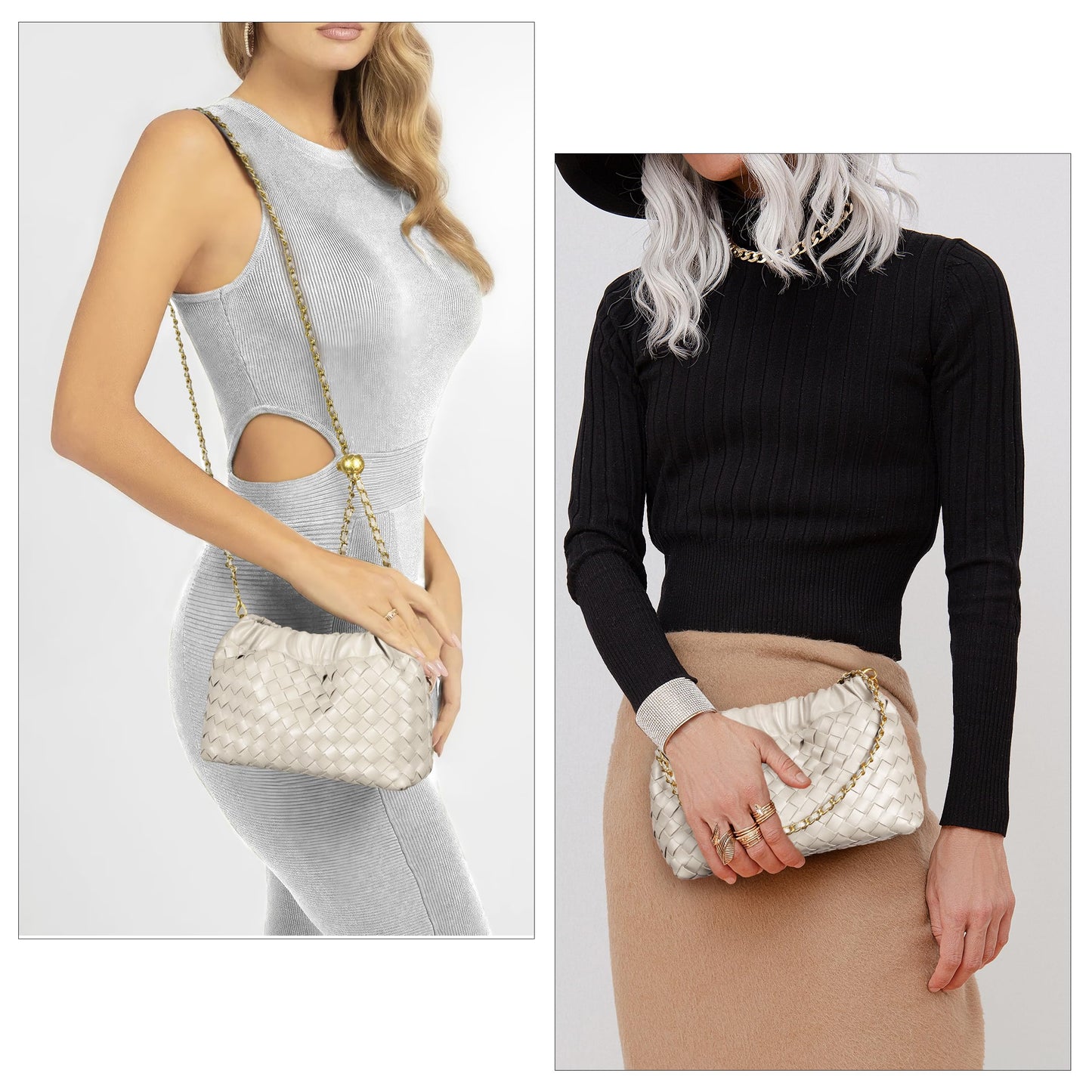 Joryin Woven Women's Crossbody Bag & Evening Purse, Trendy Dumpling Clutch & Hobo Cloud Shoulder Bag Trendy Dumpling Clutch Woven Leather-light Brown White