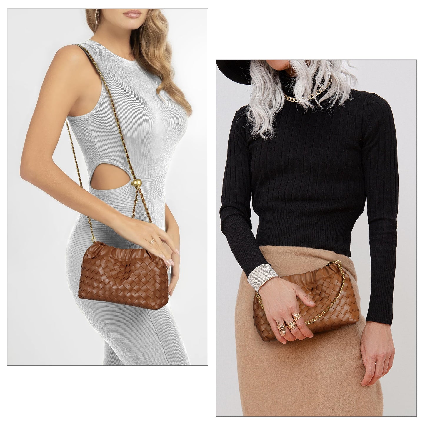 Joryin Woven Women's Crossbody Bag & Evening Purse, Trendy Dumpling Clutch & Hobo Cloud Shoulder Bag Trendy Dumpling Clutch Woven Leather-light Brown White