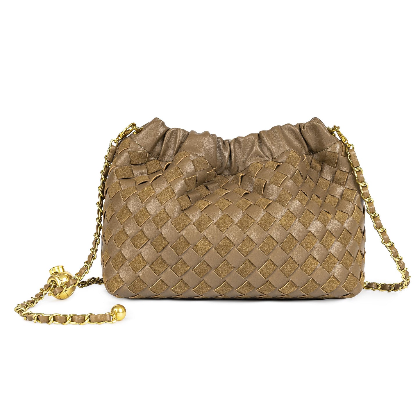 Joryin Woven Women's Crossbody Bag & Evening Purse, Trendy Dumpling Clutch & Hobo Cloud Shoulder Bag Trendy Dumpling Clutch Woven Leather-light Brown White